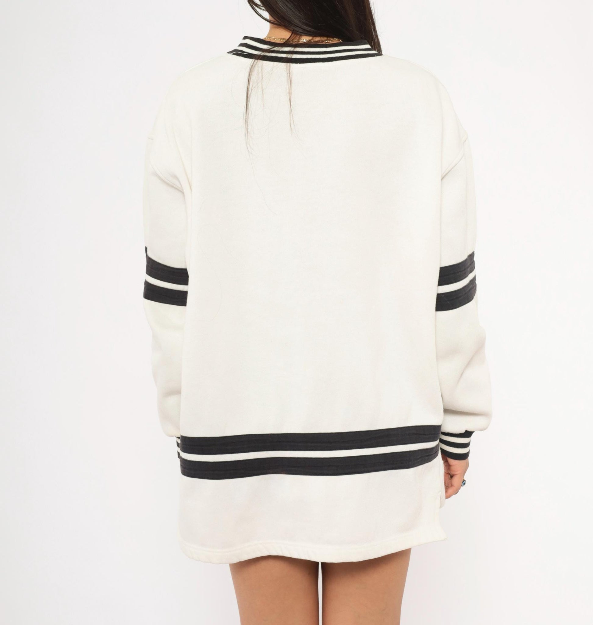 90s Mickey & Co Embroidered Crewneck Sweatshirt White Black Stripe Large