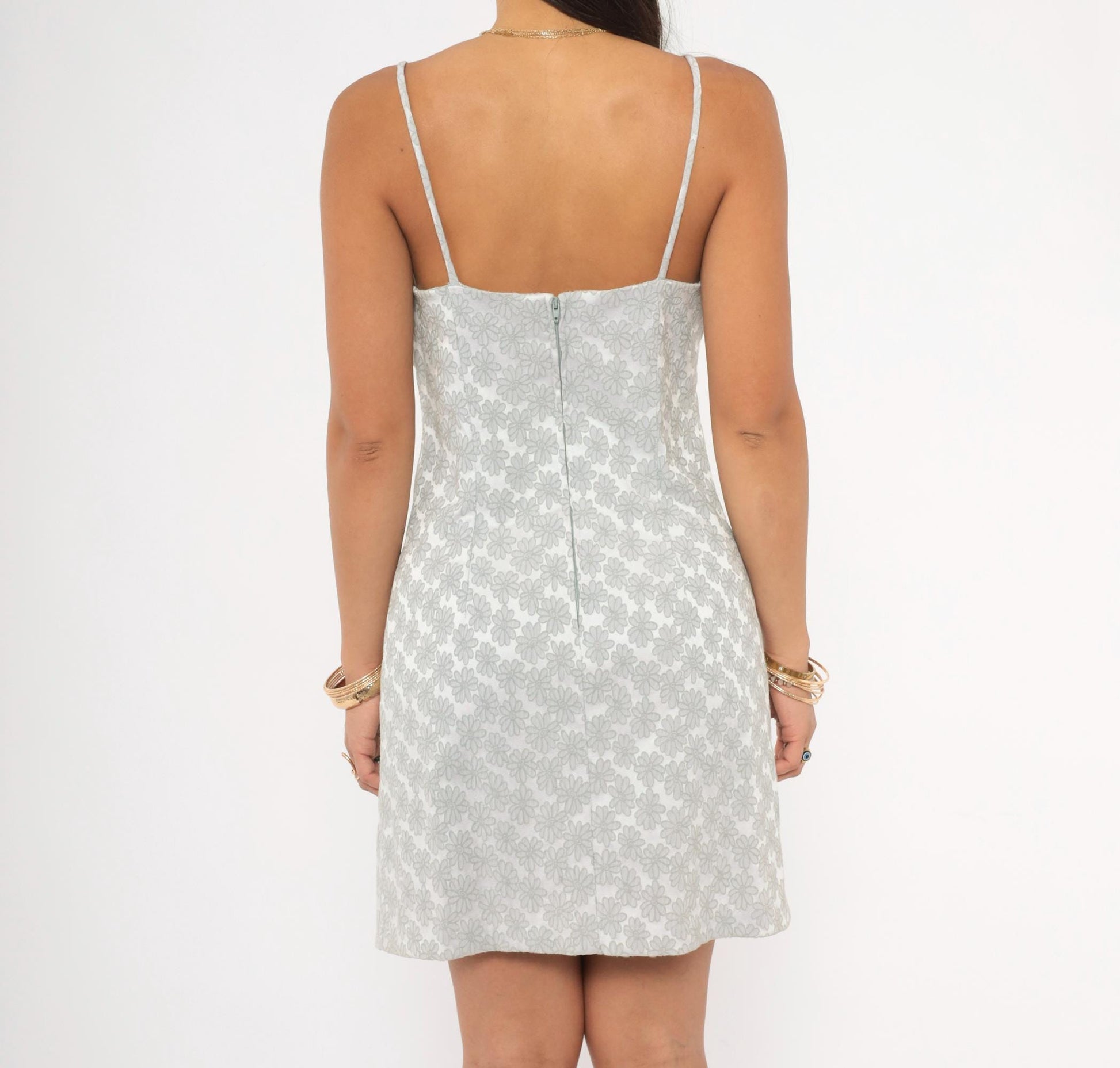 90s City Triangles Floral Jacquard Mini Dress Grey White Daisy Empire Waist Small