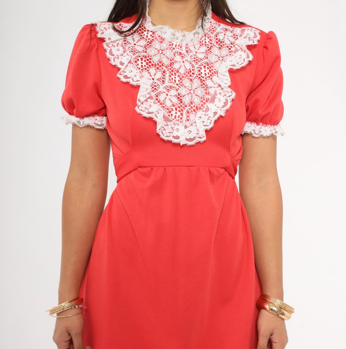 70s Red Mini Dress White Lace Bib Puff Sleeve A-Line Small S