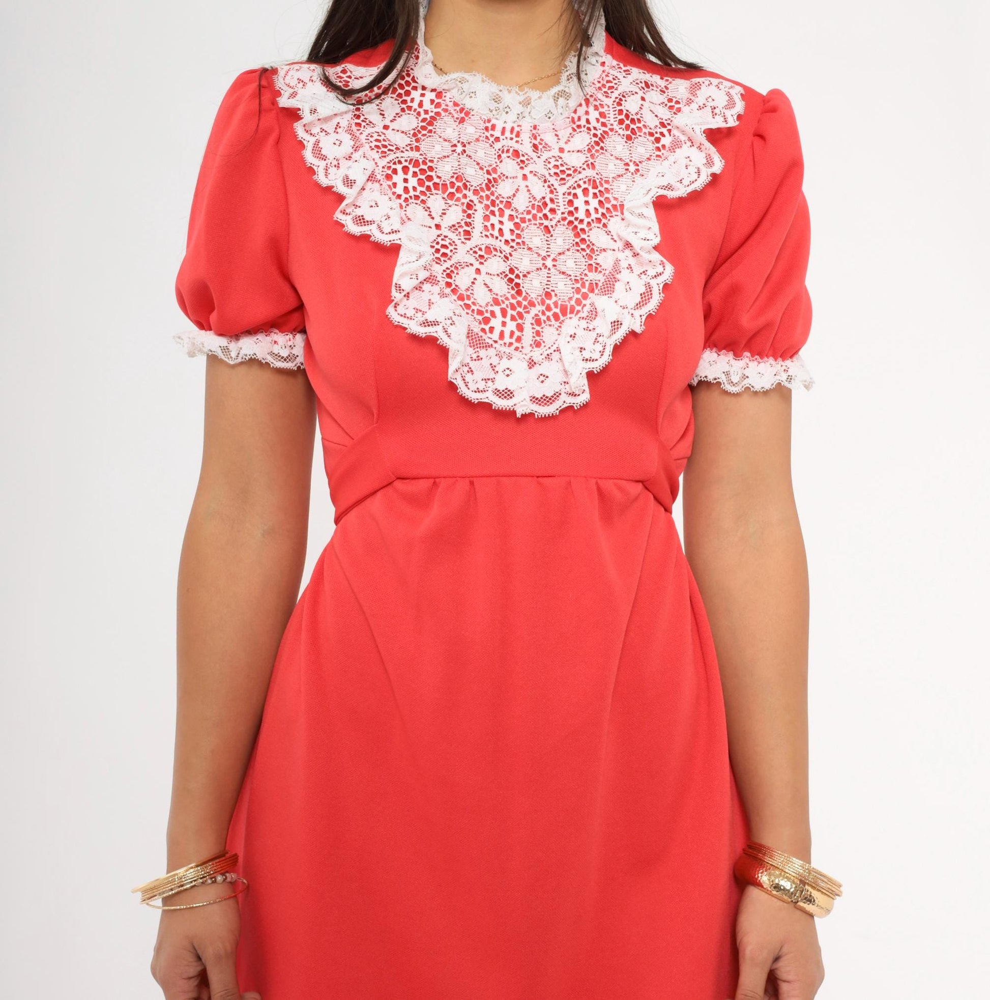 70s Red Mini Dress White Lace Bib Puff Sleeve A-Line Small S