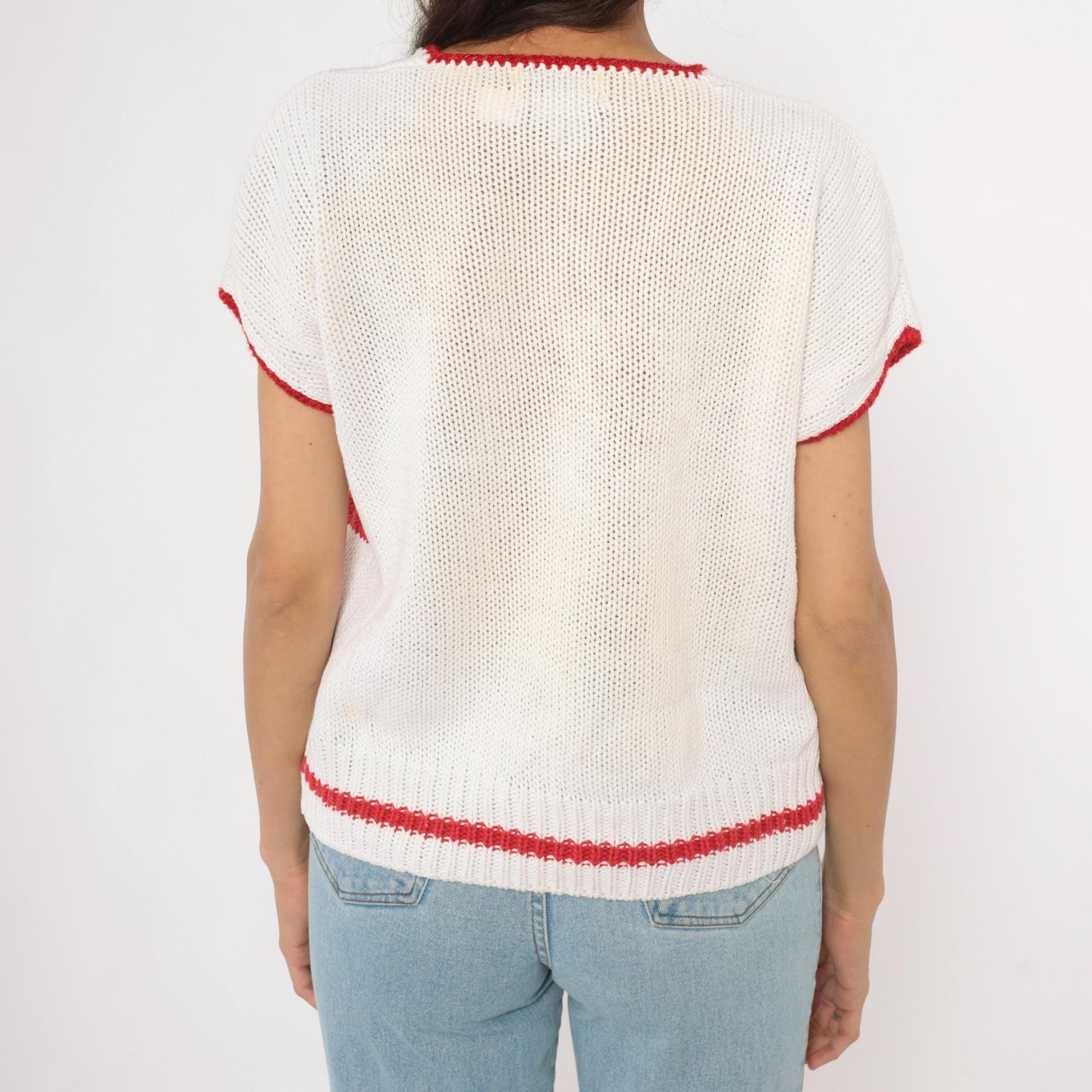 80s SML Sport Gingham Patchwork Knit Top White Red V-Neck Small