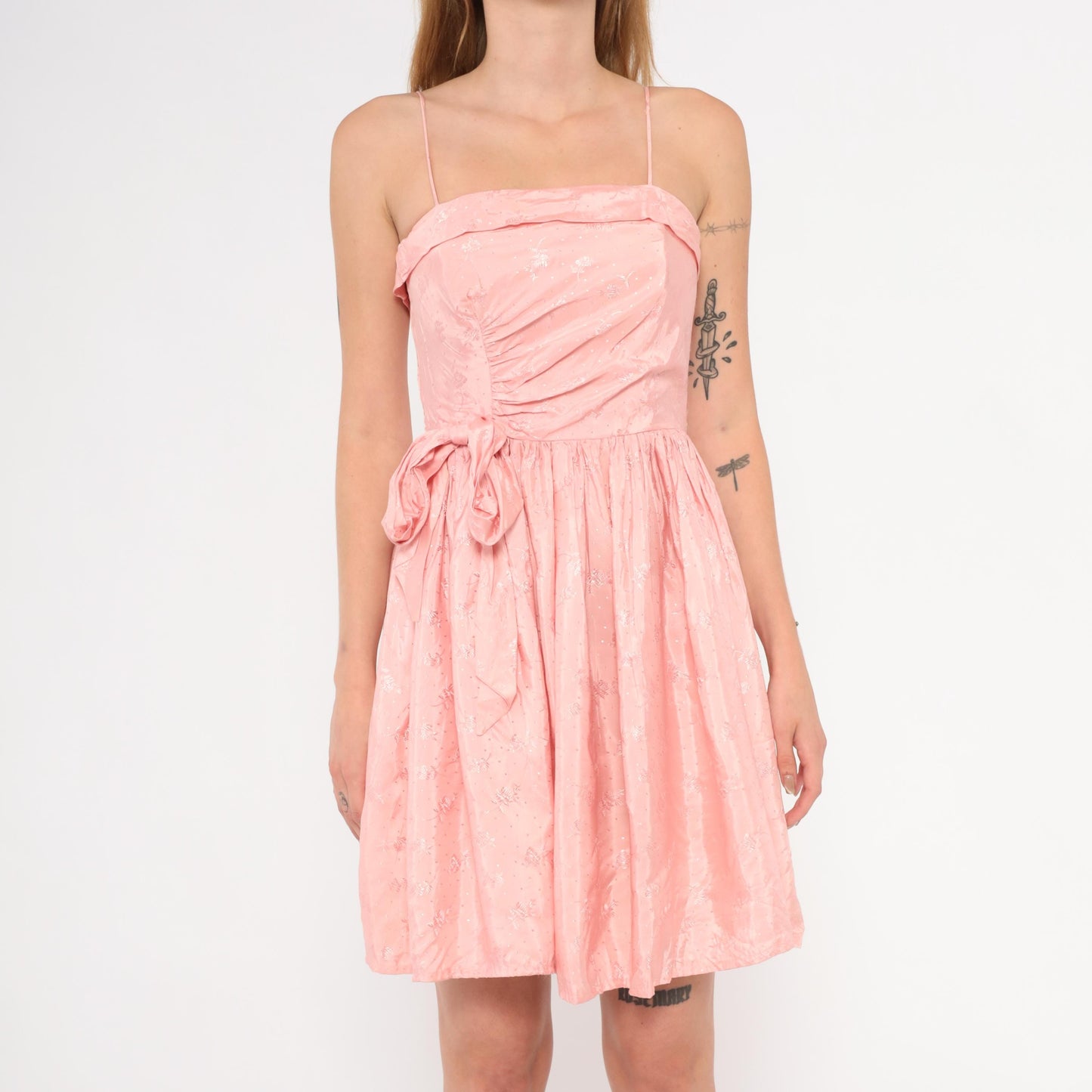 60s Pink Mini Dress Ruched Bodice Bow Waist Gathered Skirt Extra Small XS