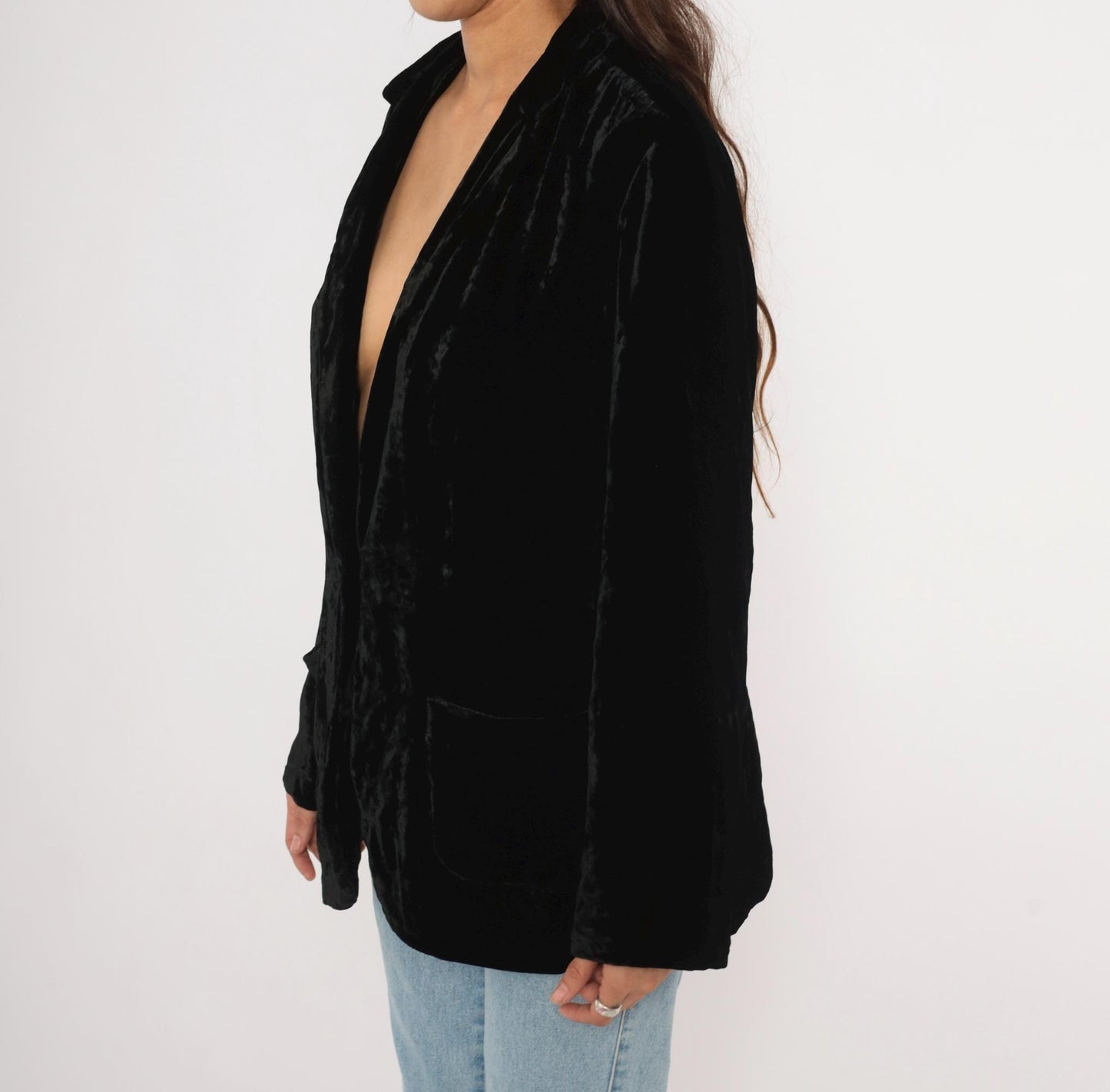 90s J. Jill Black Crushed Velvet Blazer Deep V Single Button Medium