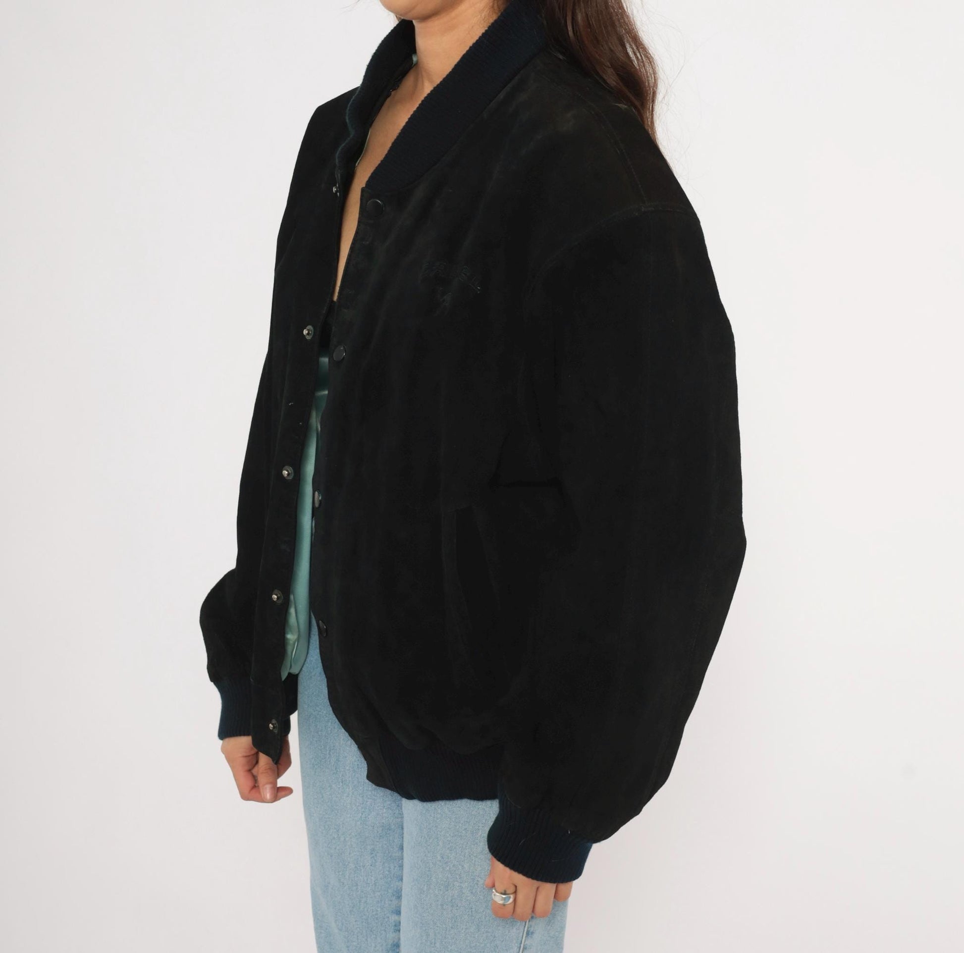 90s Camel Black Suede Bomber Jacket Knit Collar Leather Coat Extra Large XL