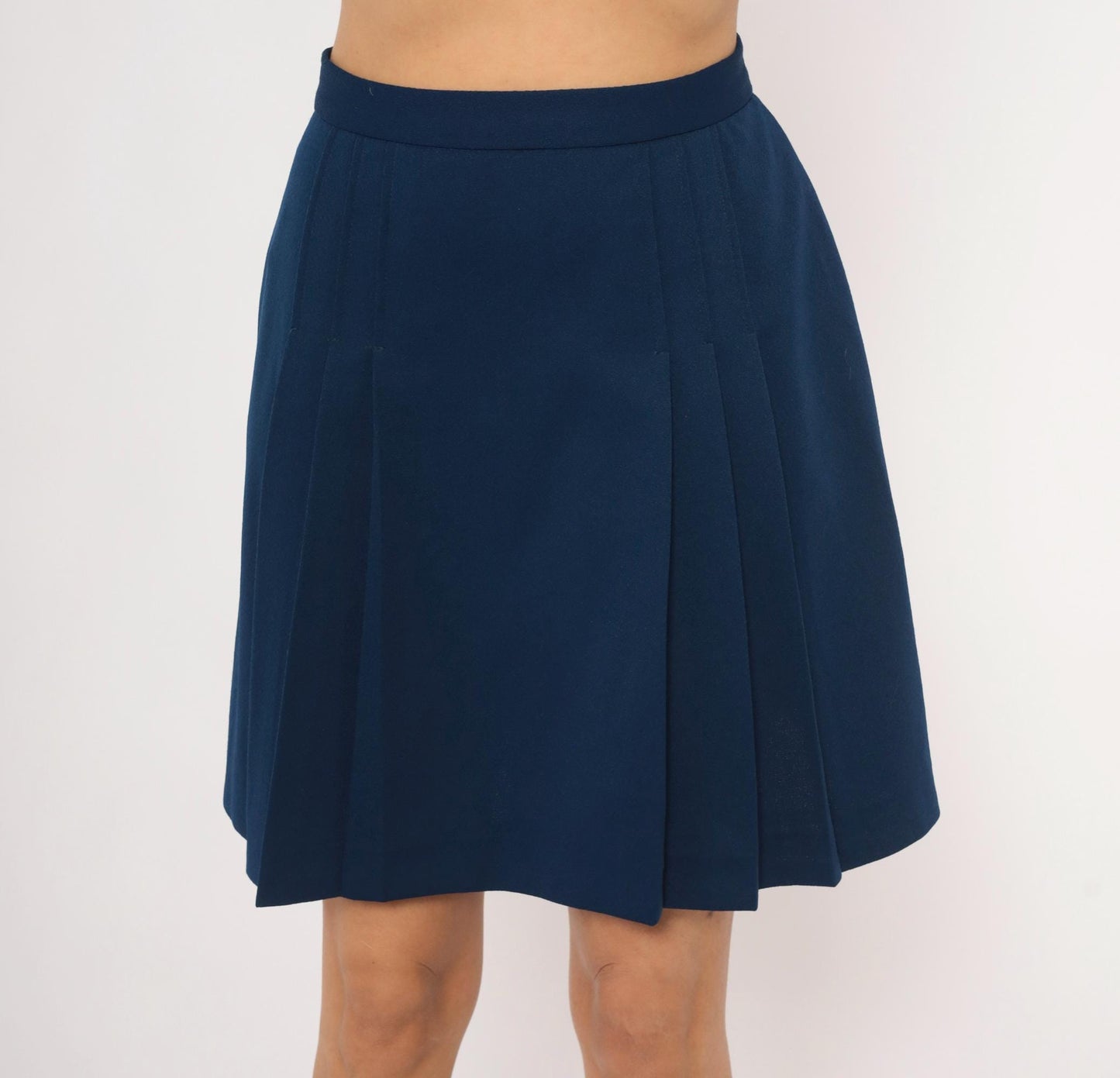 70s Navy Pleated A-Line Skirt High Waist Knee-Length Small