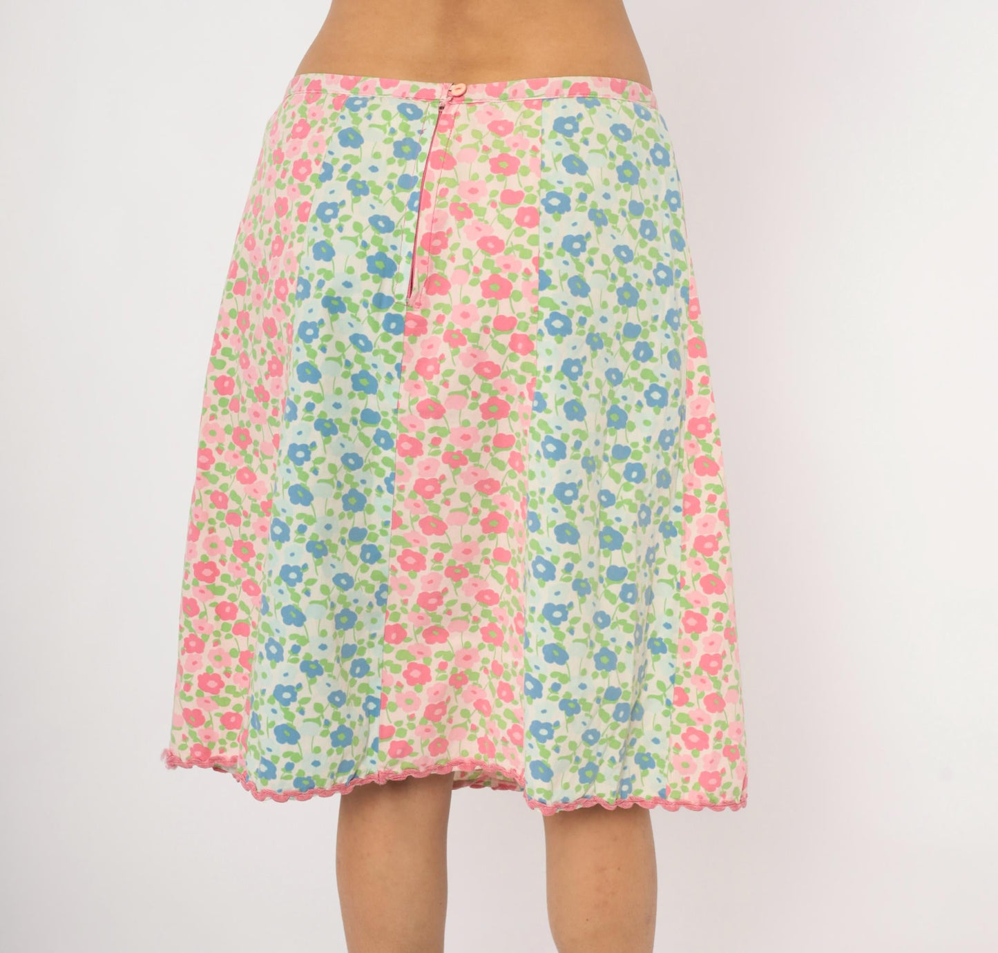 70s Floral A-Line Skirt Pink Blue Green Cotton Knee-Length Large L
