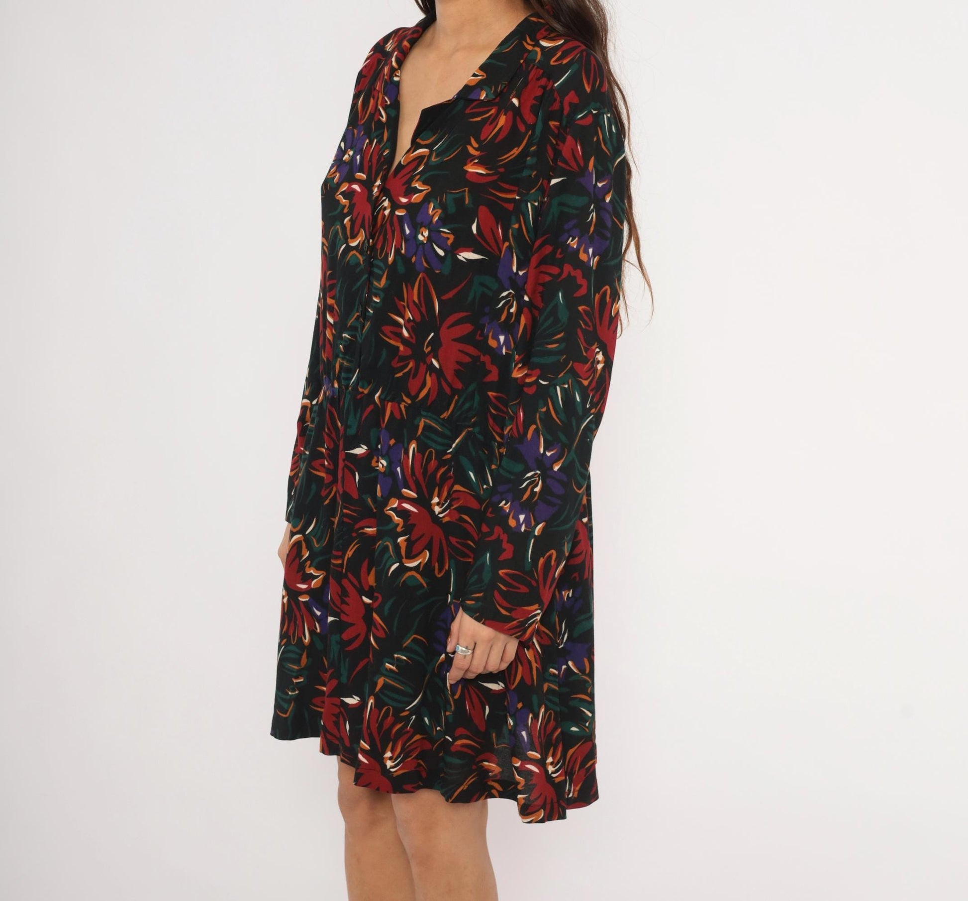 90s Sue Brett Collection Floral Mini Shirt Dress Black Burgundy Extra Large