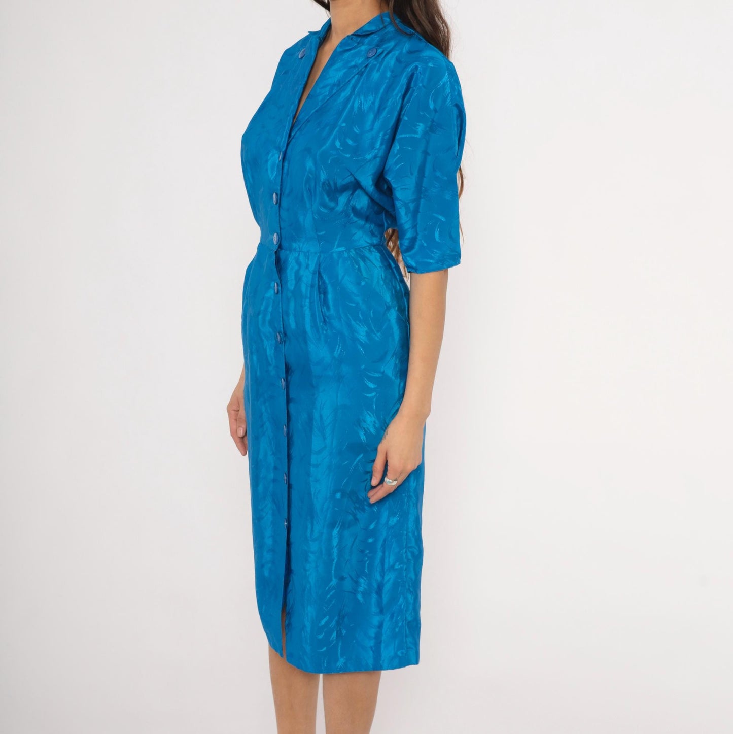 80s Joni Blair Cobalt Jacquard Shirtdress Midi Blue Half Sleeve Small S