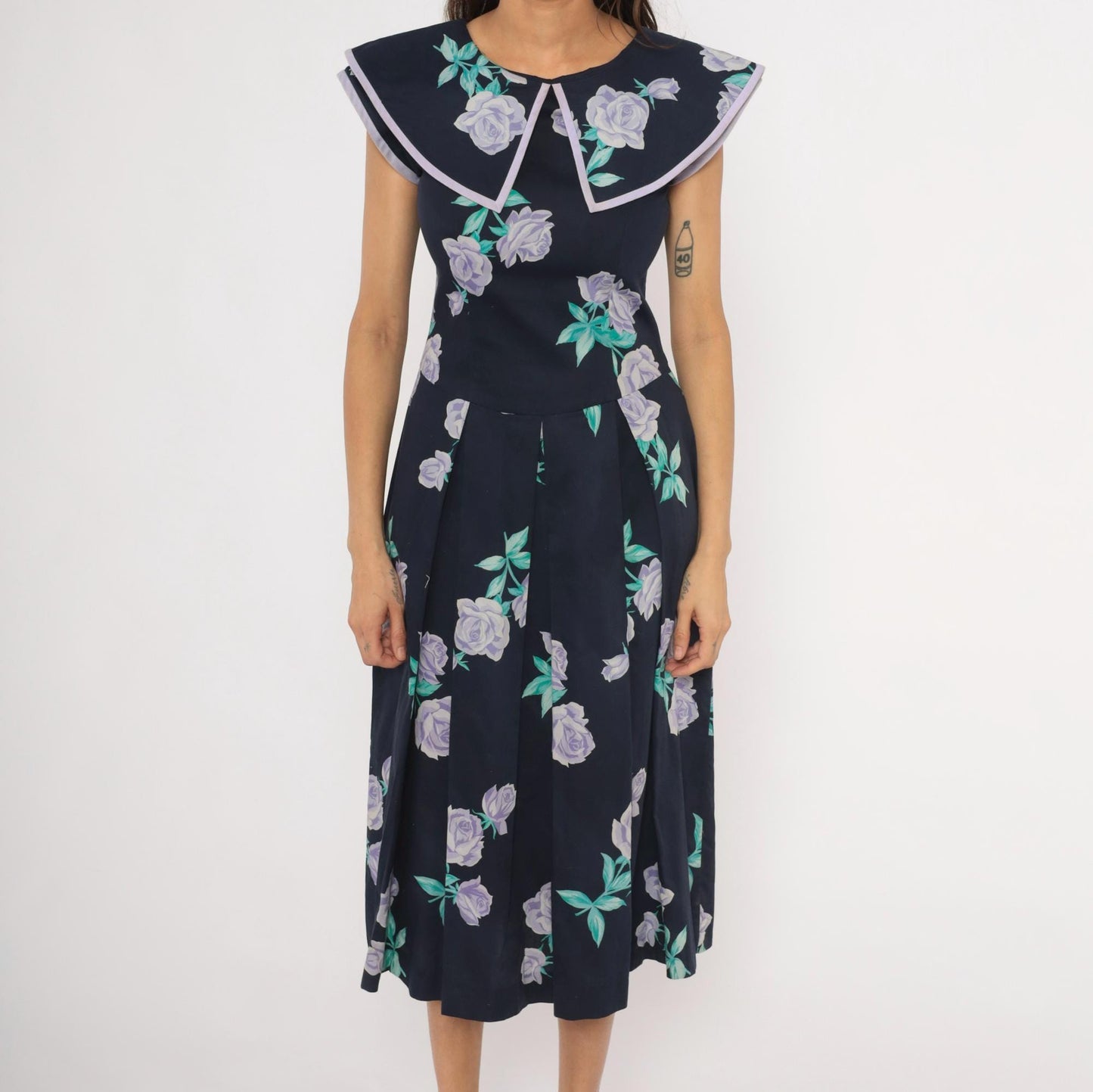 80s Kathryn Conover Floral Midi Dress Sailor Collar Cotton Purple Rose Extra Small XS