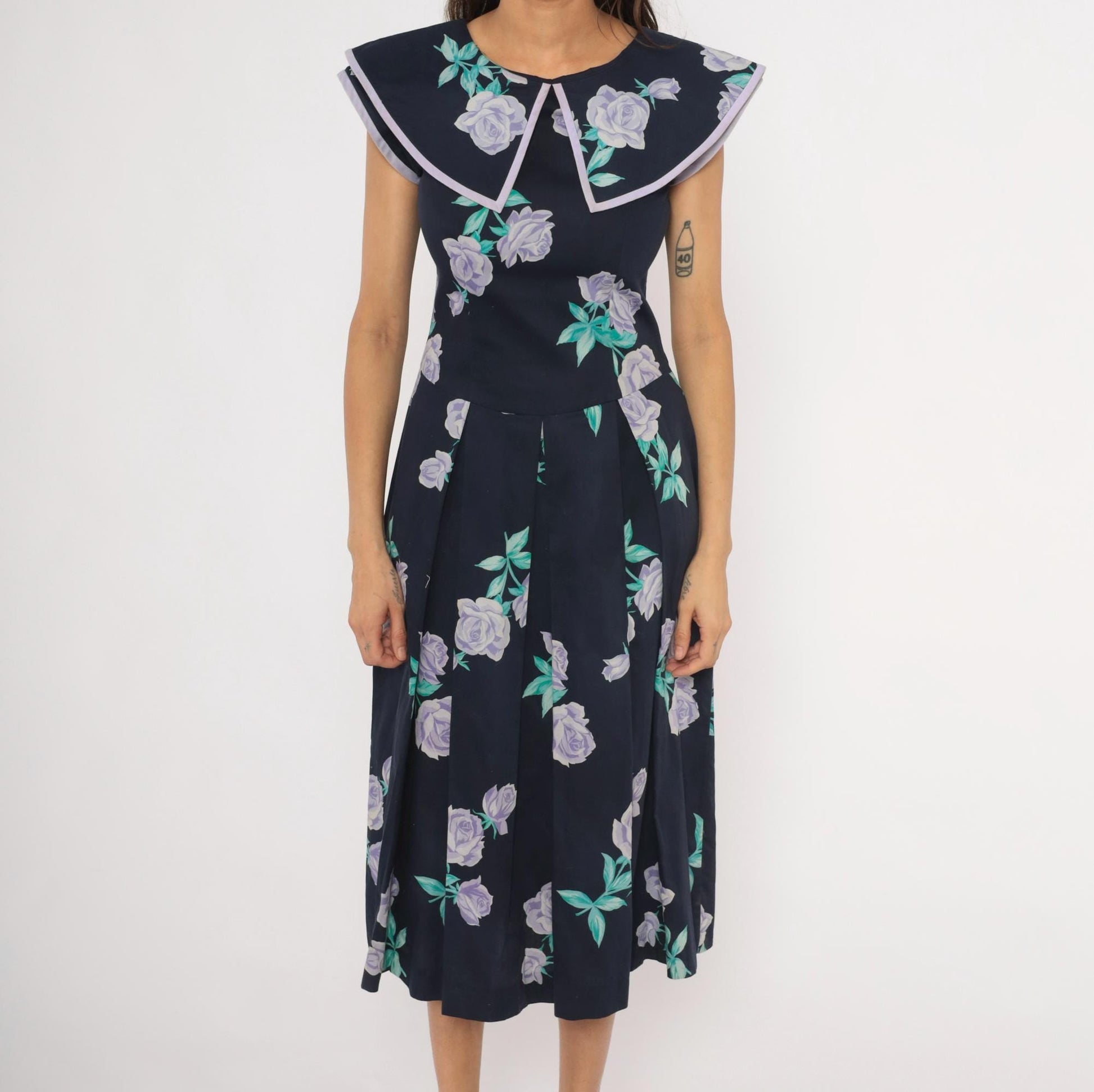 80s Kathryn Conover Floral Midi Dress Sailor Collar Cotton Purple Rose Extra Small XS