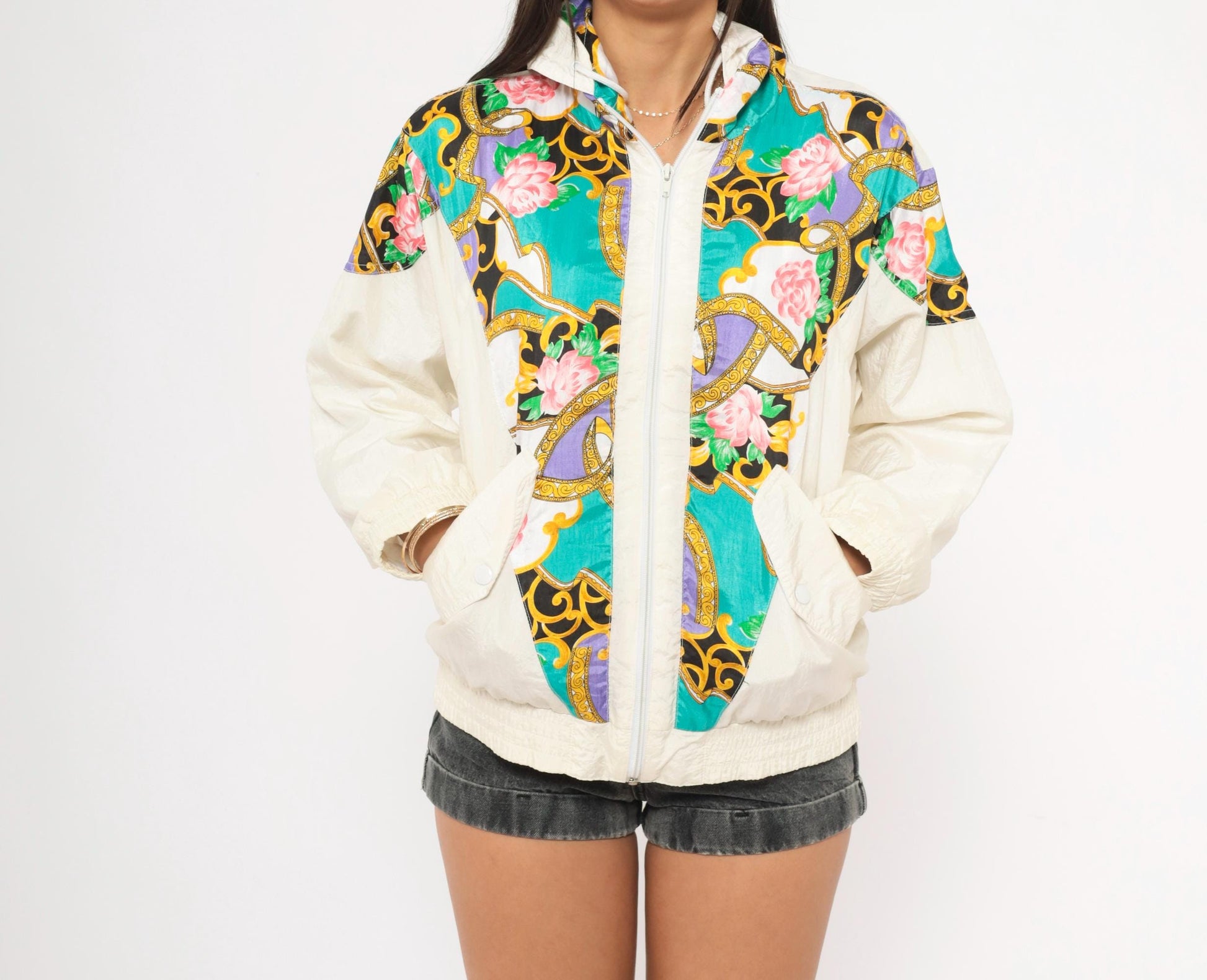 90s Sunterra Petite Baroque Rose Windbreaker Jacket Teal Gold Purple Pink Small