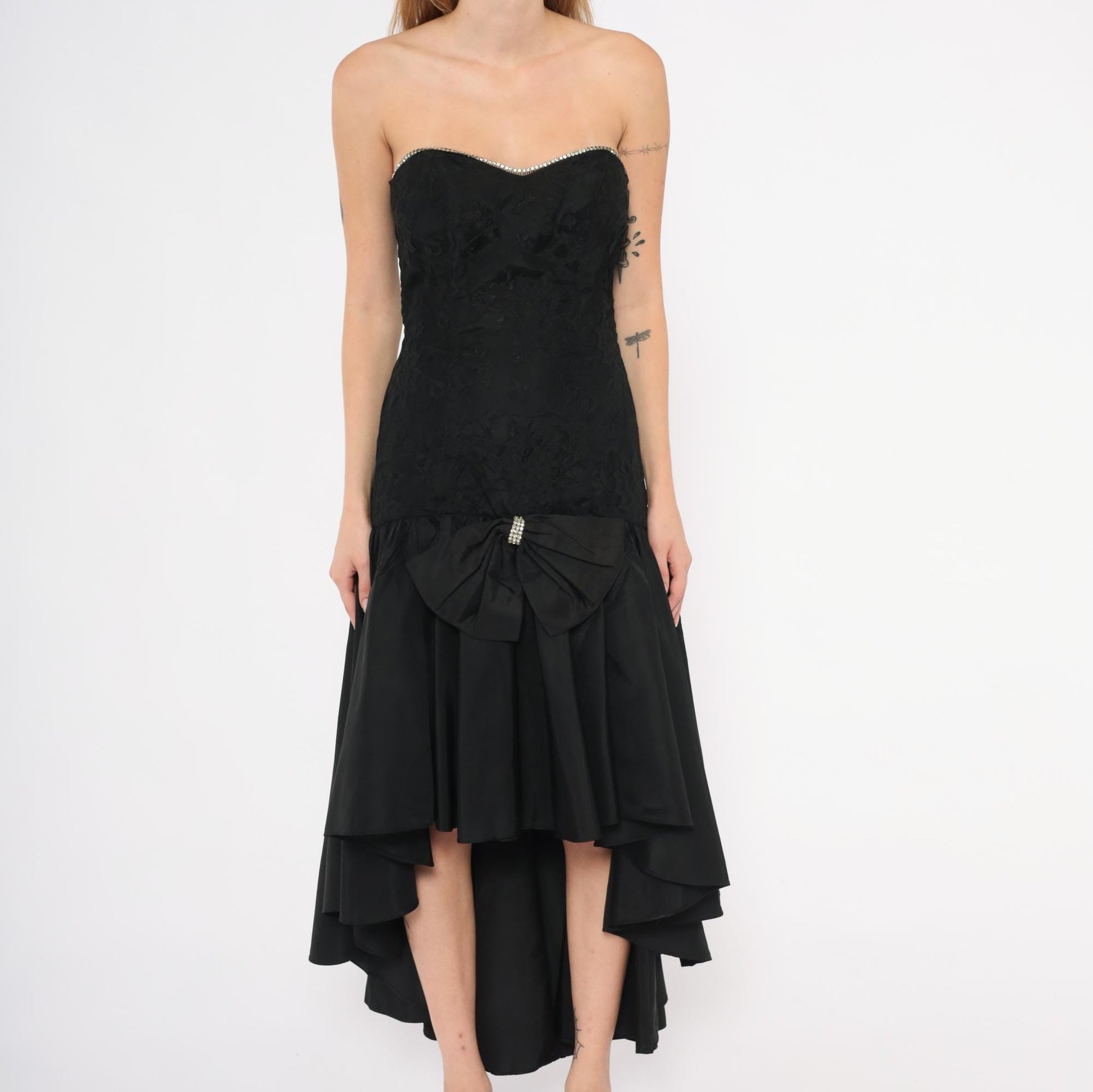 80s Jolie Madame Black Strapless Gown Lace Bodice Rhinestone Trim Small