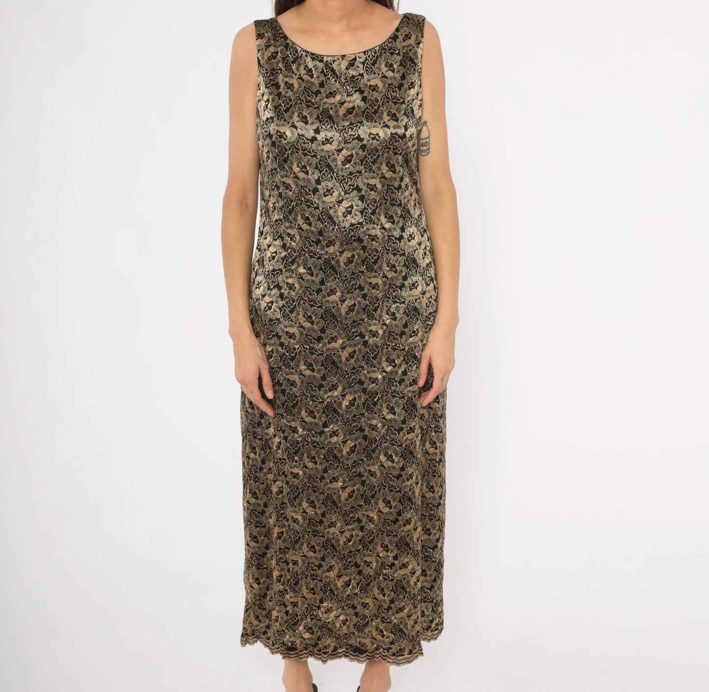 90s Jessica Howard Gold Floral Lace Maxi Dress Black Sleeveless Large L