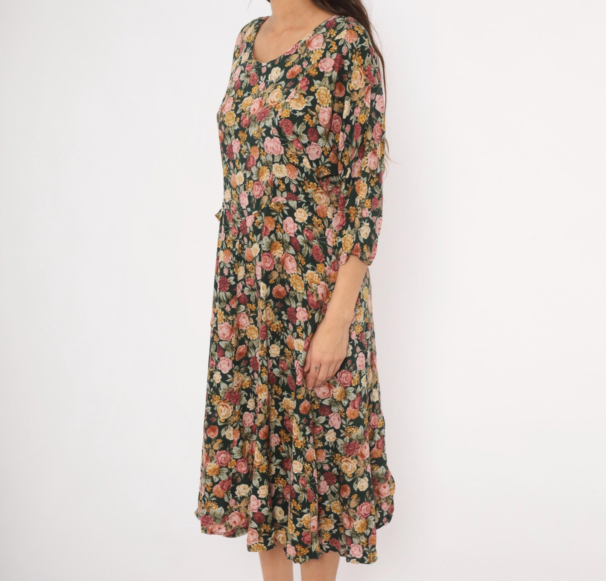 90s Paquette Floral Midi Dress Garden Rose Print Black Pink Burgundy Large L