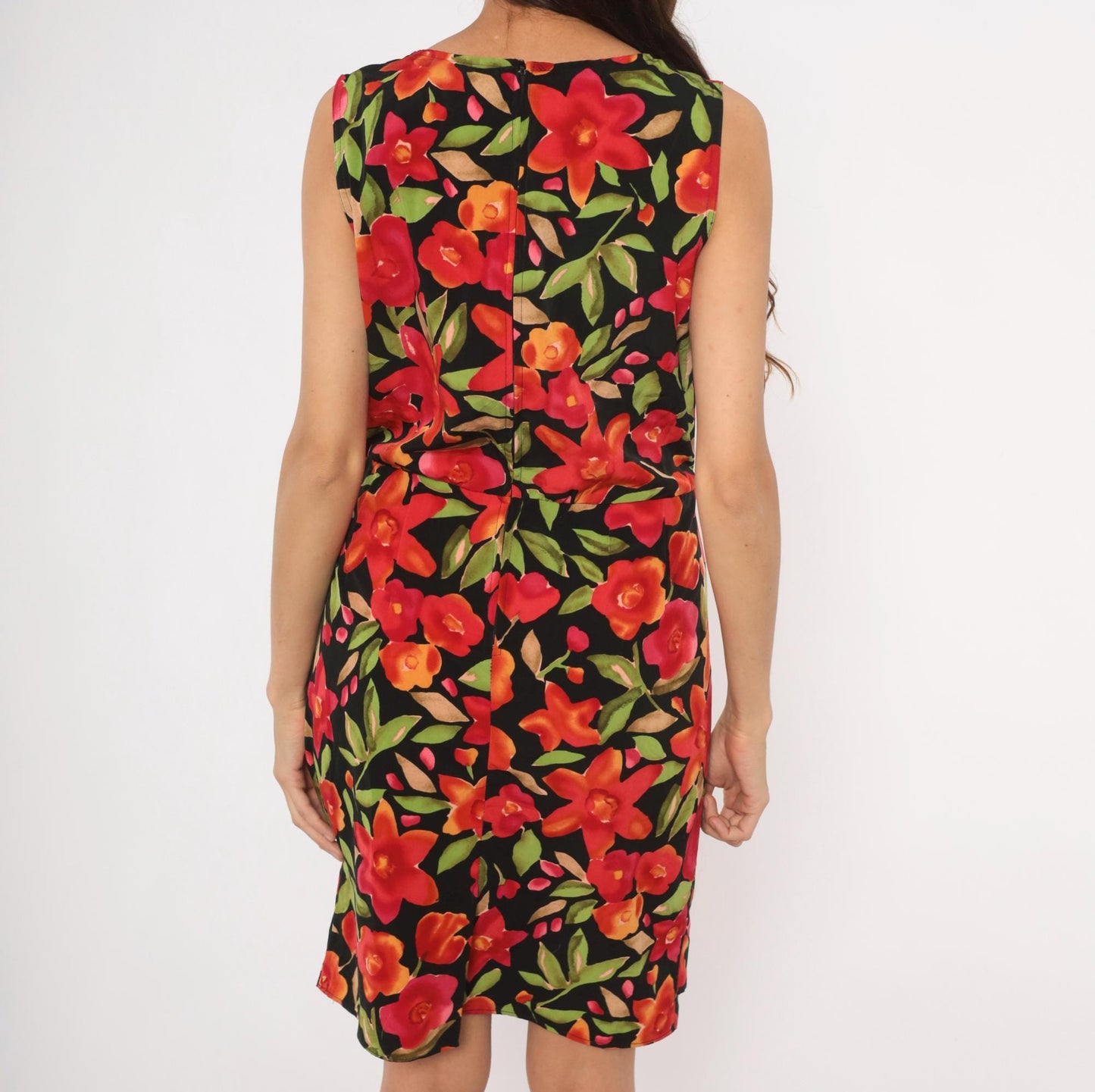 90s Sag Harbor Floral Wrap Dress Knee Length Black Red Tropical Medium M