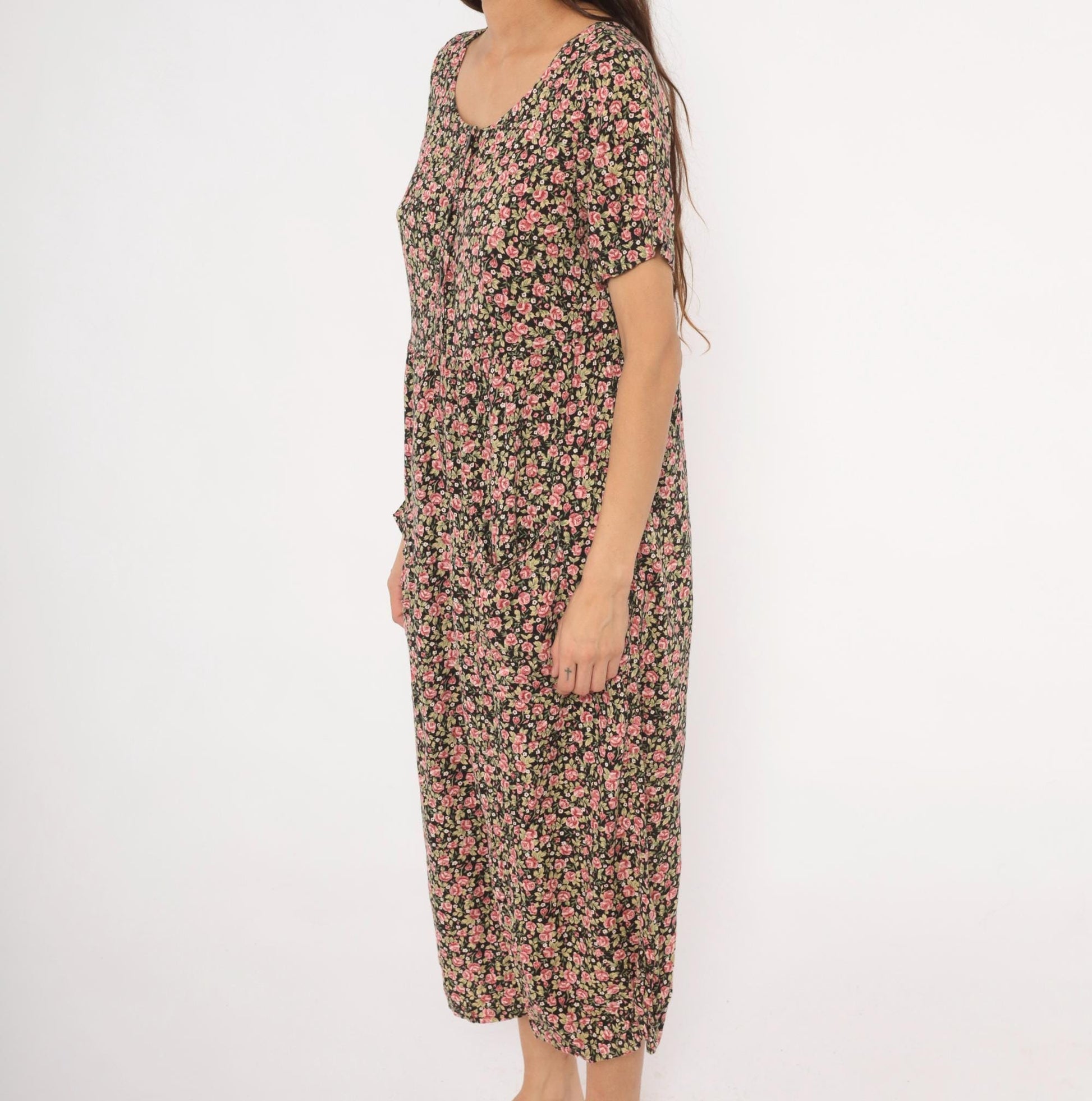 90s Black Floral Jumpsuit Wide Leg Rose Print Scoop Neck Medium M