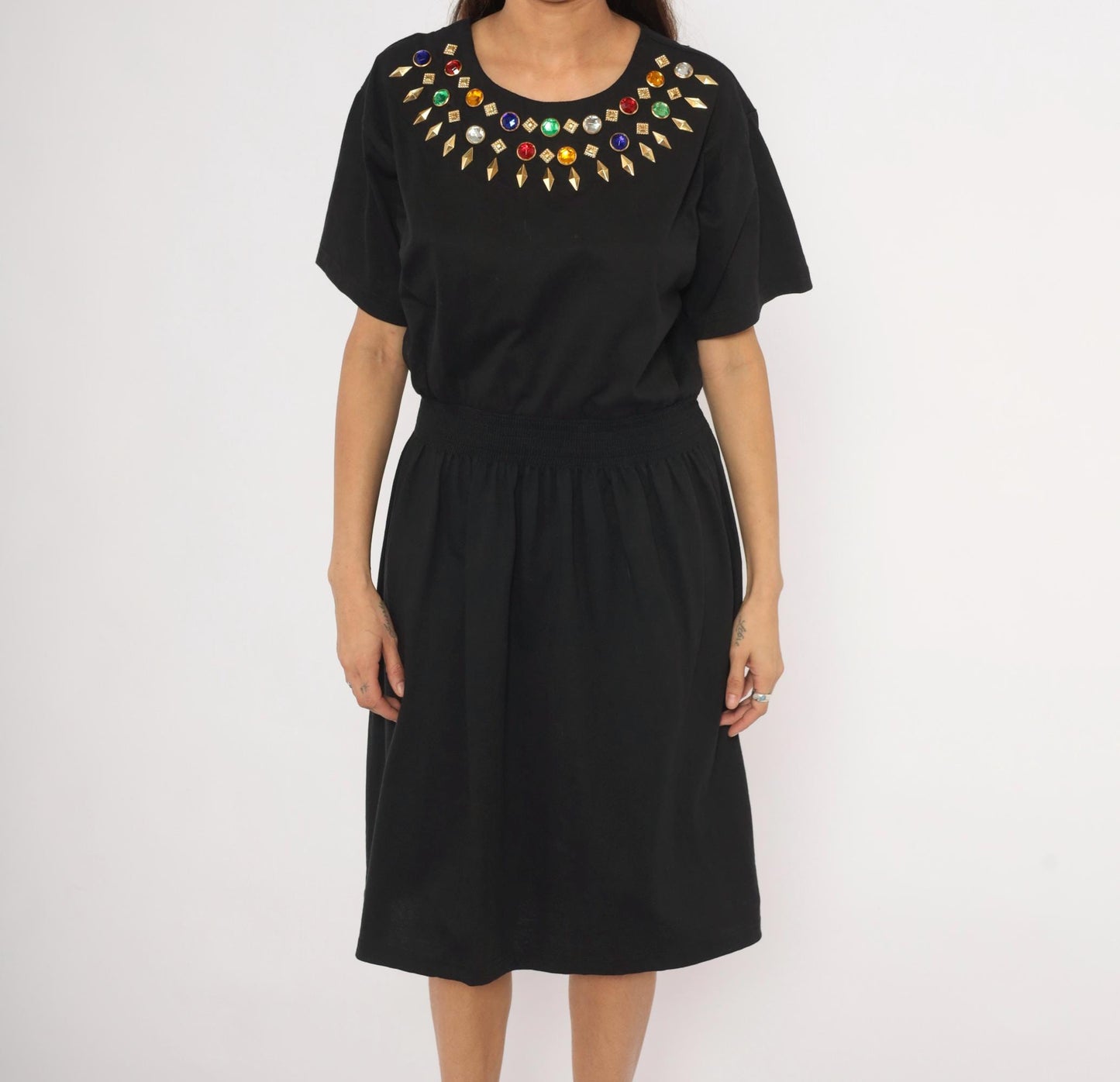 90s Cervelle Black Knee-Length Dress Rhinestone Jeweled Neckline Cotton Large L