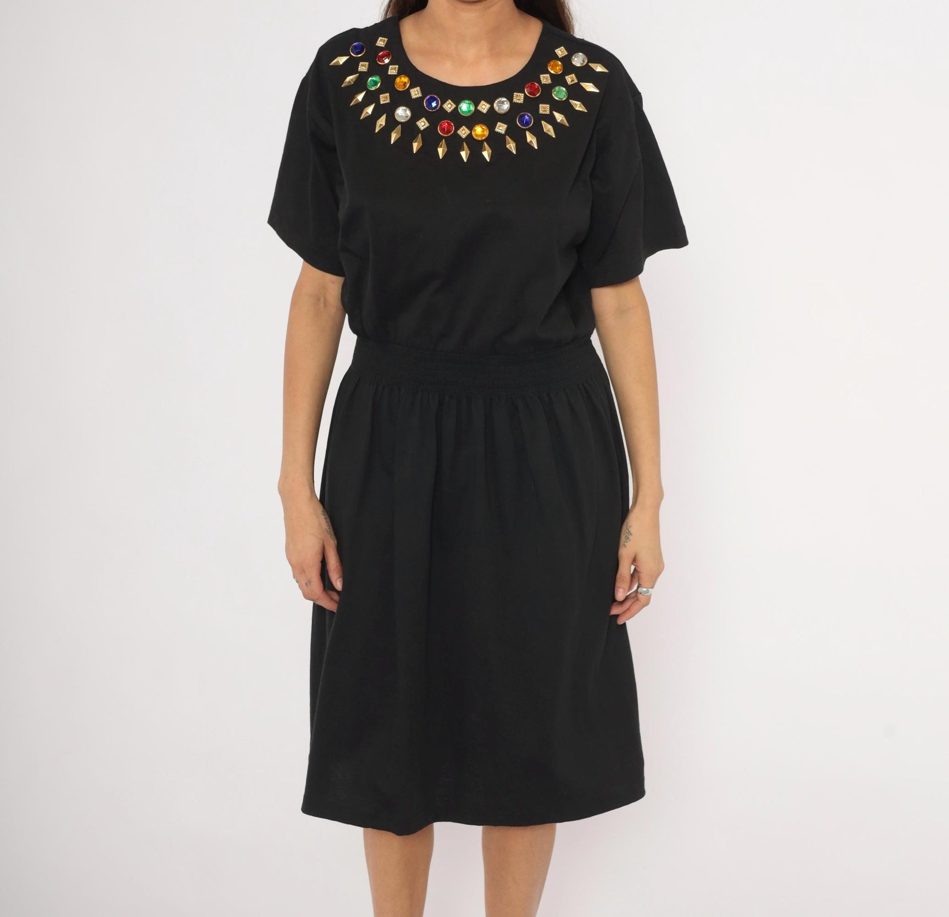 90s Cervelle Black Knee-Length Dress Rhinestone Jeweled Neckline Cotton Large L