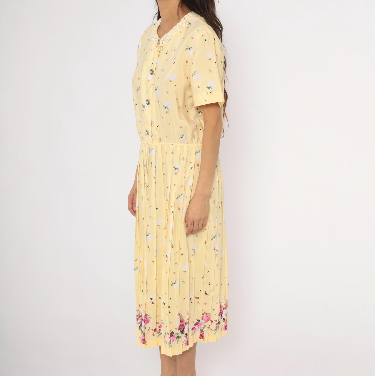 80s Leslie Fay Butter Yellow Floral Midi Dress Lace Collar Pleated Skirt Large L