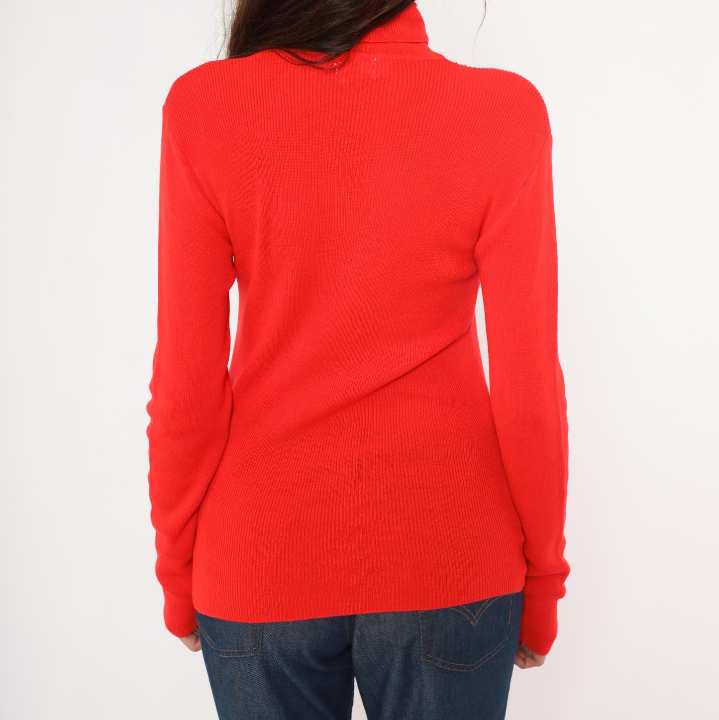 70s Red Turtleneck Sweater Ribbed Knit Pullover Button Cuff Medium Large
