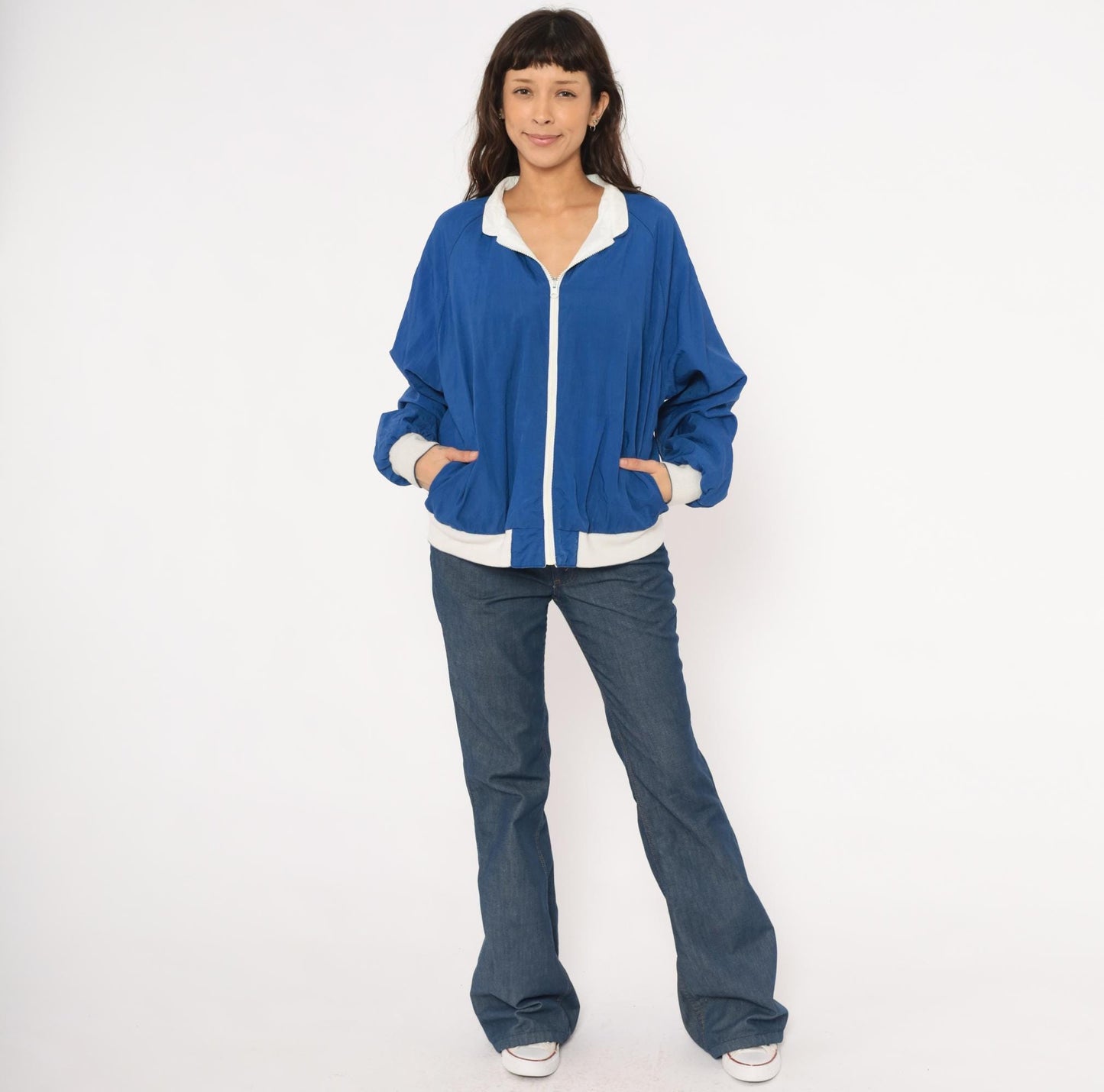 80s Sasson Reversible Windbreaker Blue White Colorblock Raglan Jacket Large