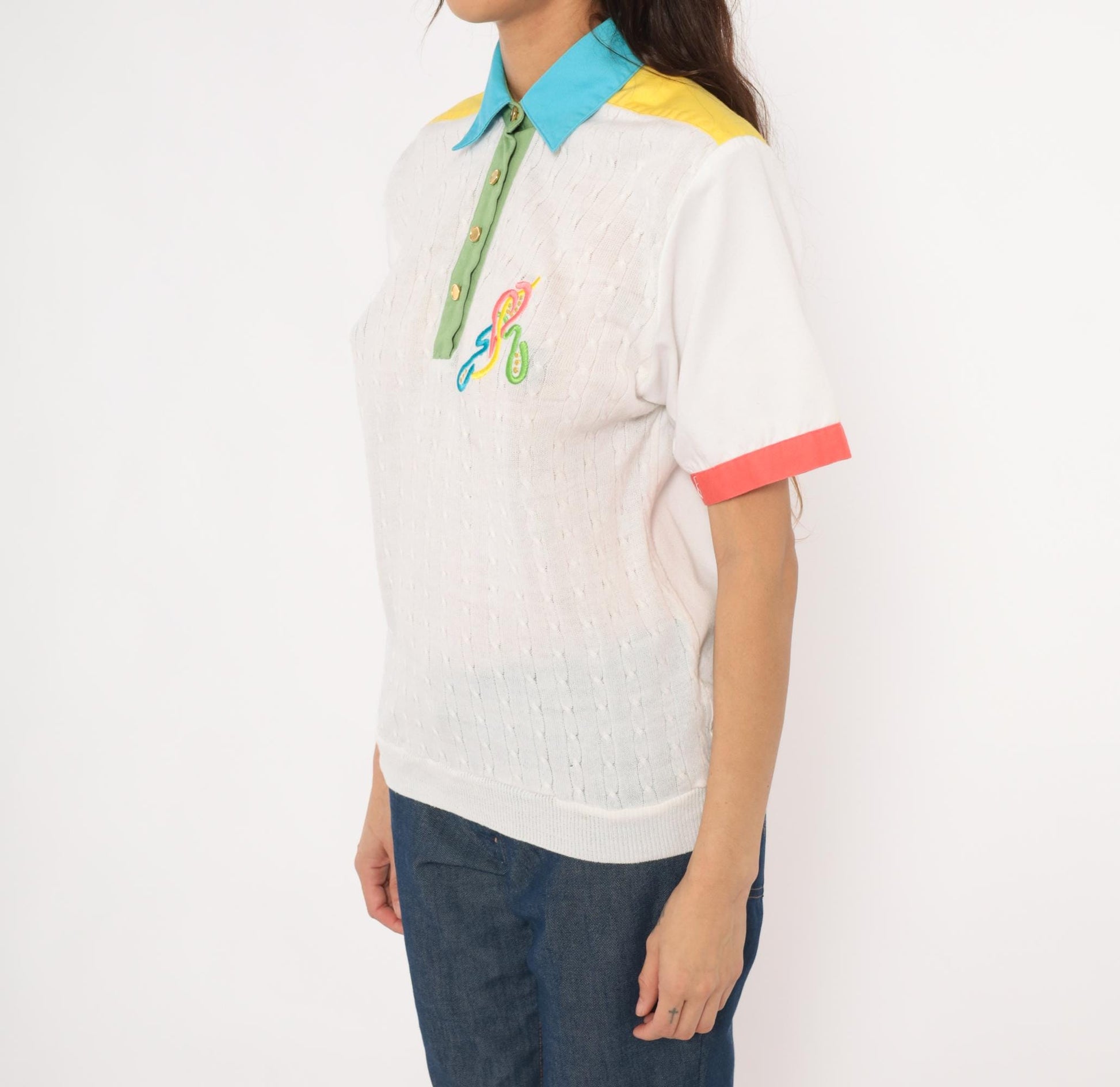 80s Joyce Colorblock Cable Knit Polo Embroidered Multicolor Medium