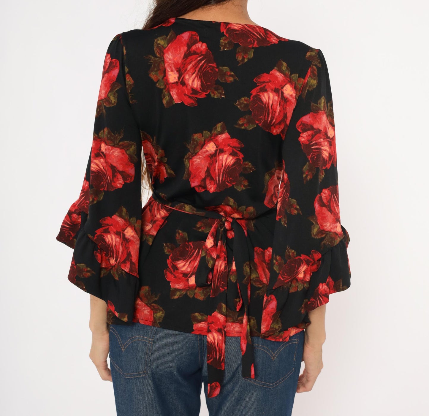 Betsey Johnson 2000s Rose Print Wrap Top Black Bell Sleeve Peplum Small