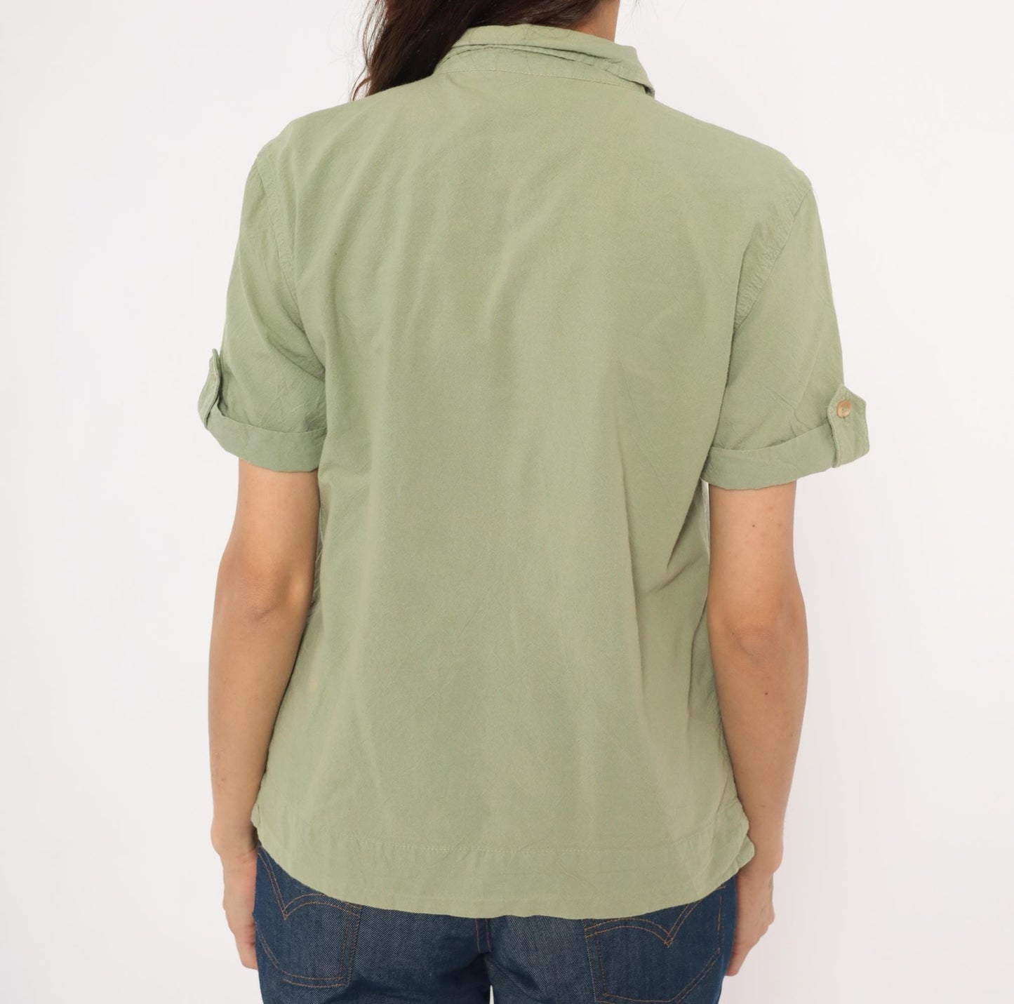 90s Erika & Co Olive Cotton Camp Collar Shirt Sage Green Rolled Sleeve Small