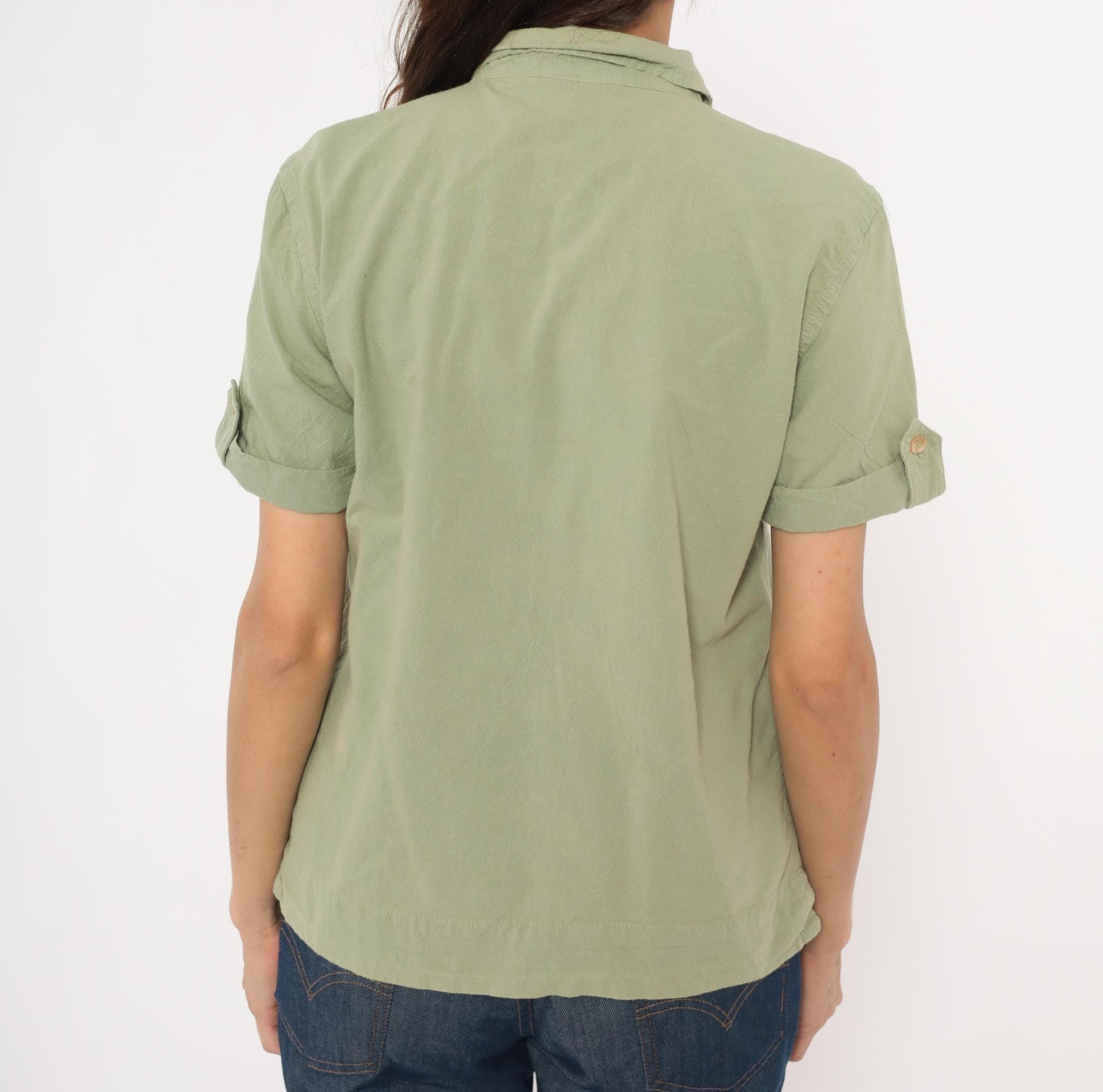 90s Erika & Co Olive Cotton Camp Collar Shirt Sage Green Rolled Sleeve Small