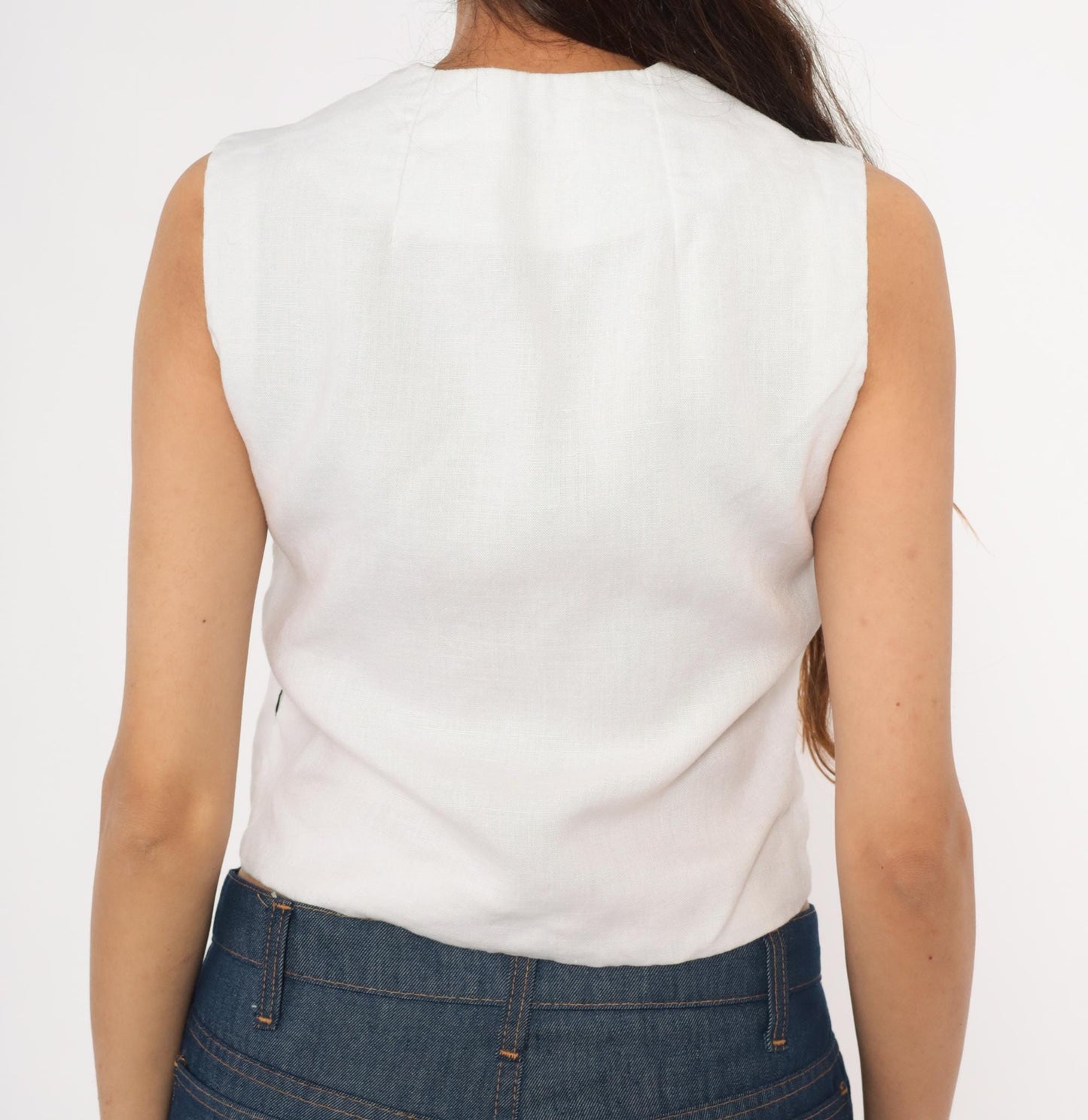 60s Rembrandt Linen Vest White Button Front Sleeveless Crop Top Extra Small XS