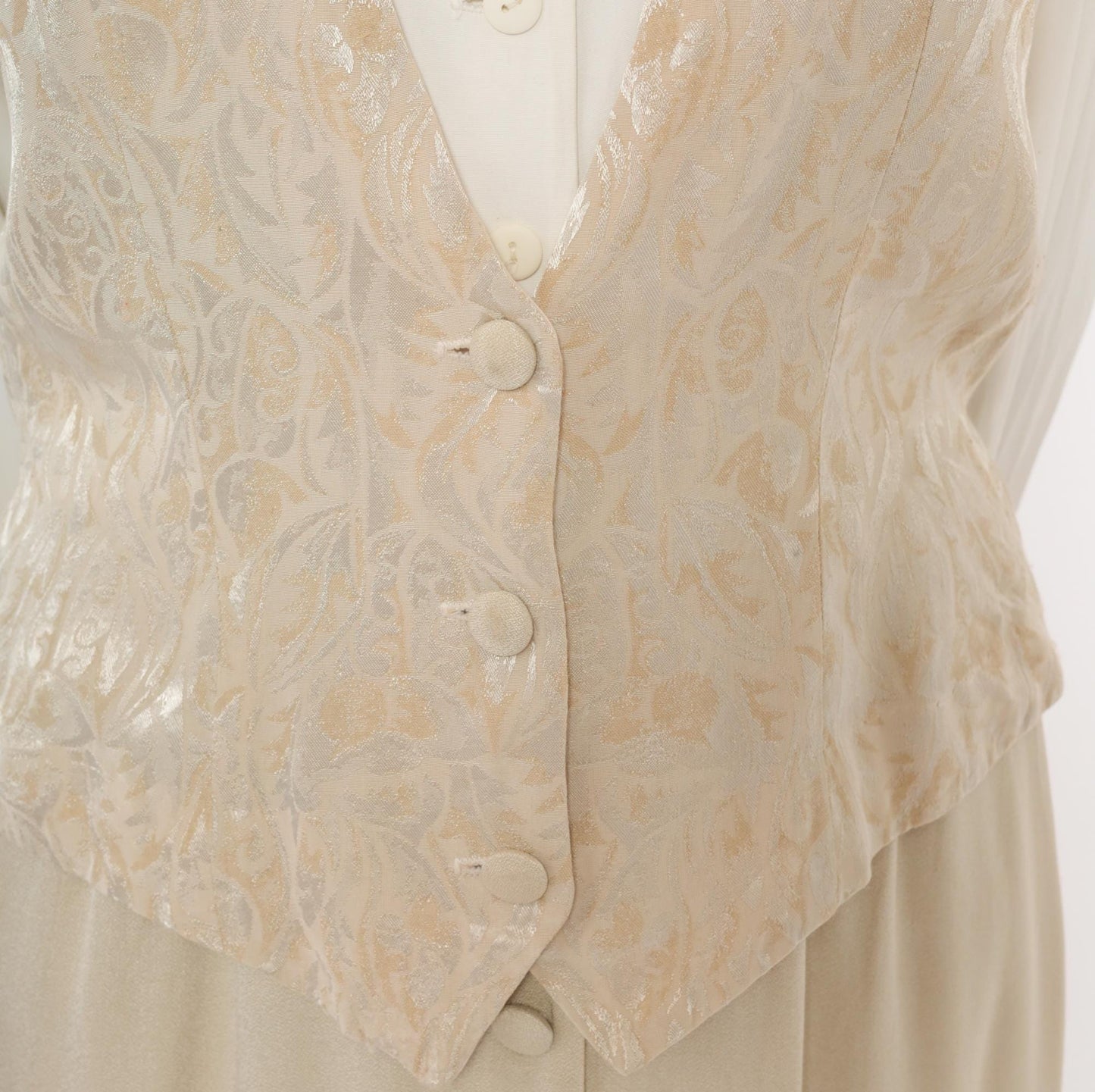 80s Miss Scarlett Jacquard Vest Midi Dress Ivory Collar Cream Sleeves Large L
