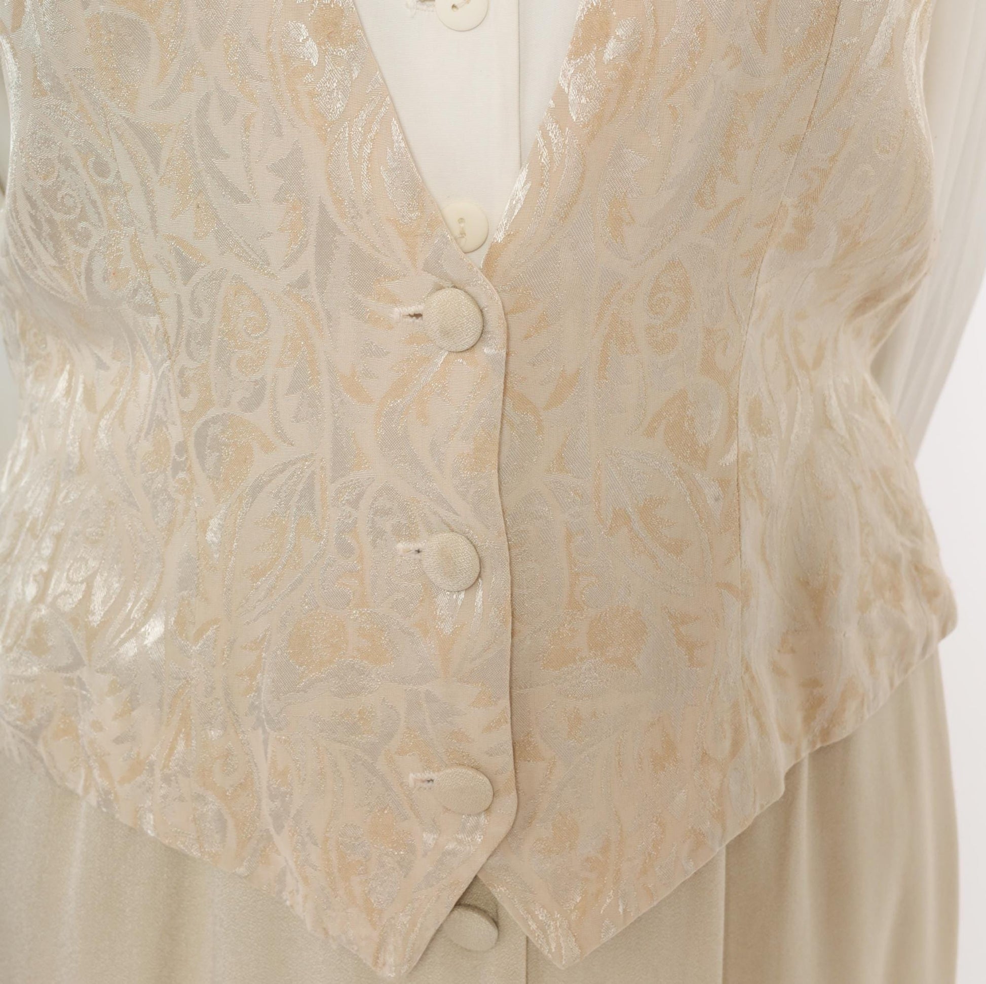 80s Miss Scarlett Jacquard Vest Midi Dress Ivory Collar Cream Sleeves Large L