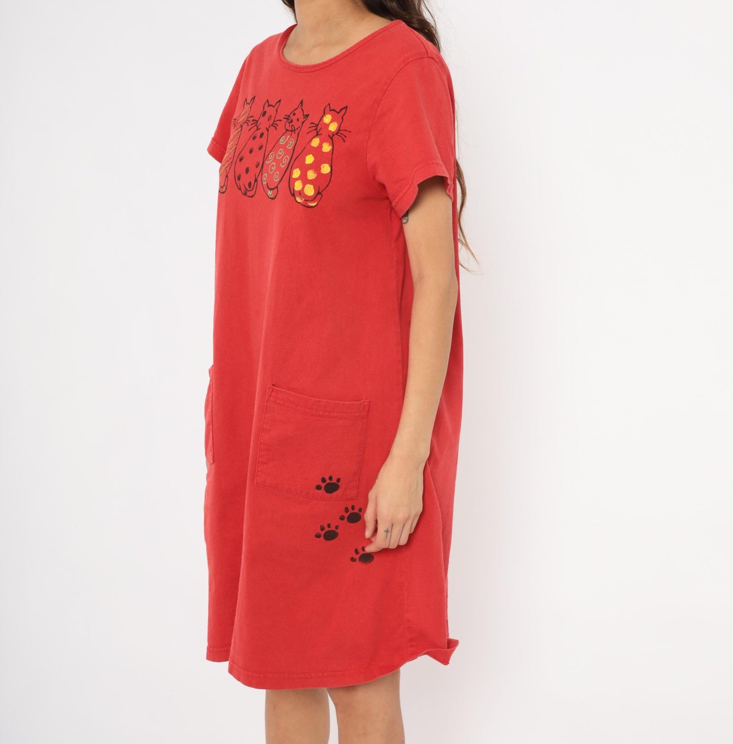 90s Cat T-Shirt Dress Red Cotton Graphic Paw Print Scoop Neck Small Medium