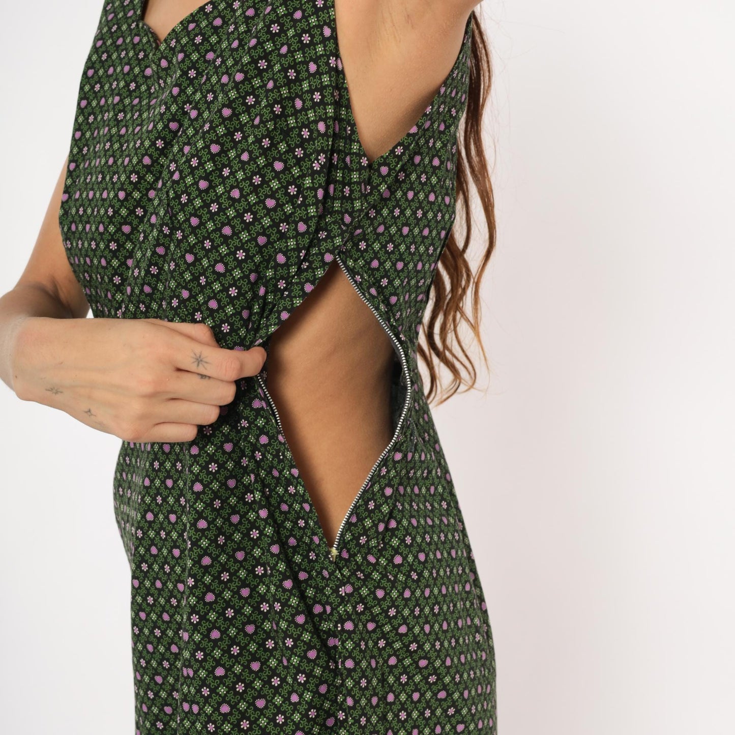 60s Heart Floral Cotton Dress Sweetheart Neckline Pencil Skirt Forest Green Large L
