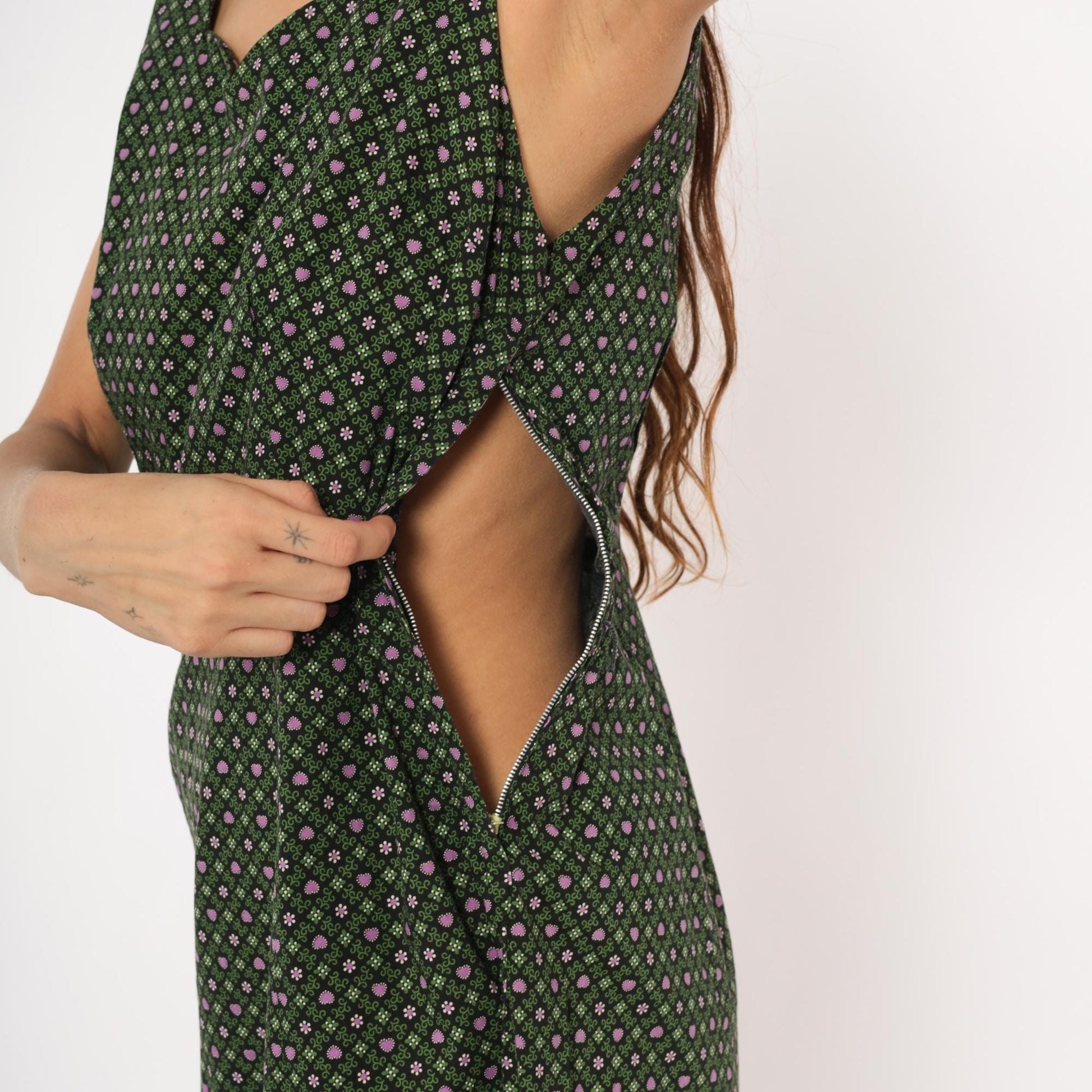 60s Heart Floral Cotton Dress Sweetheart Neckline Pencil Skirt Forest Green Large L