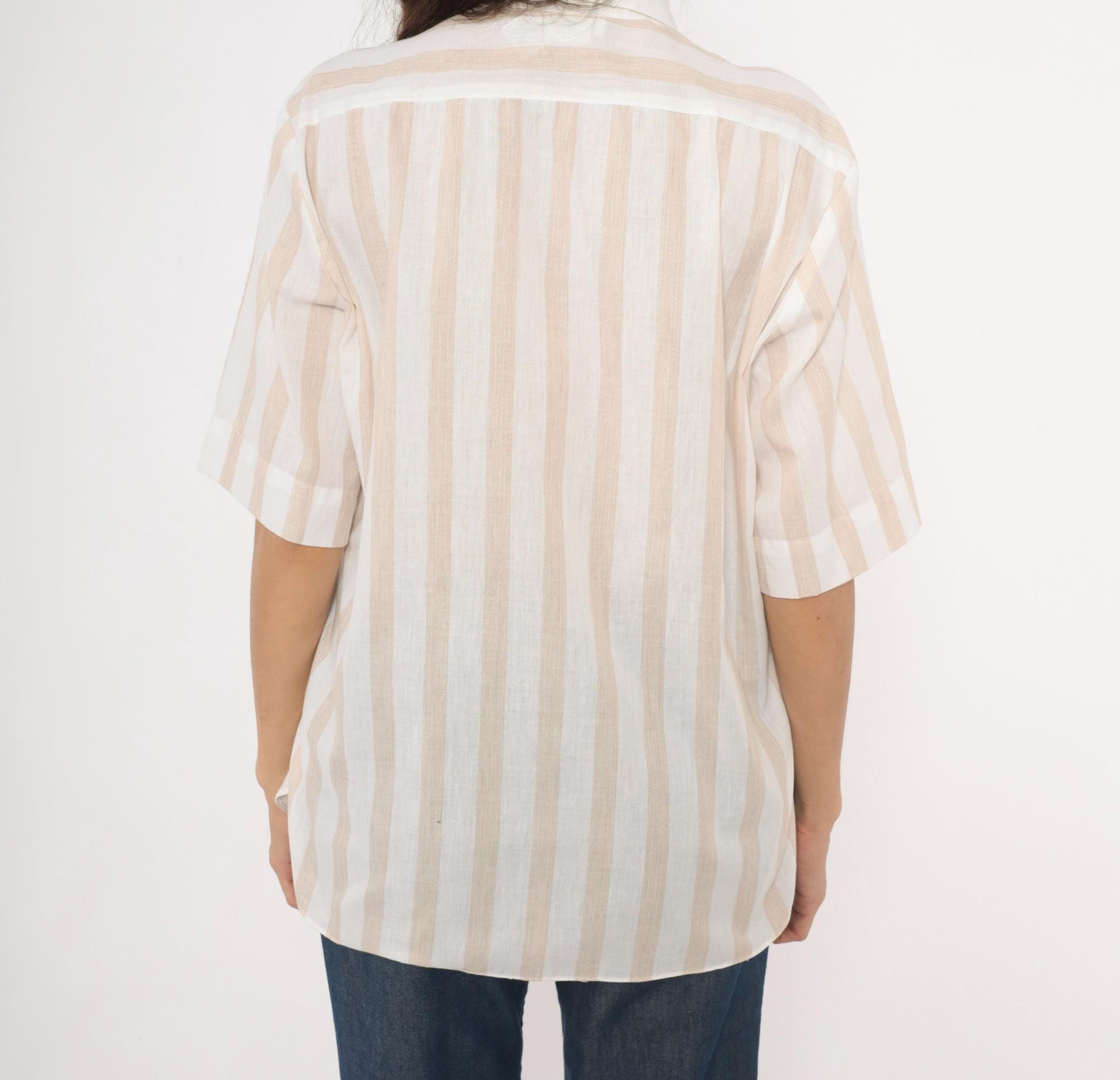 80s All Hours Cream Tan Striped Button-Front Blouse Pointed Collar Large