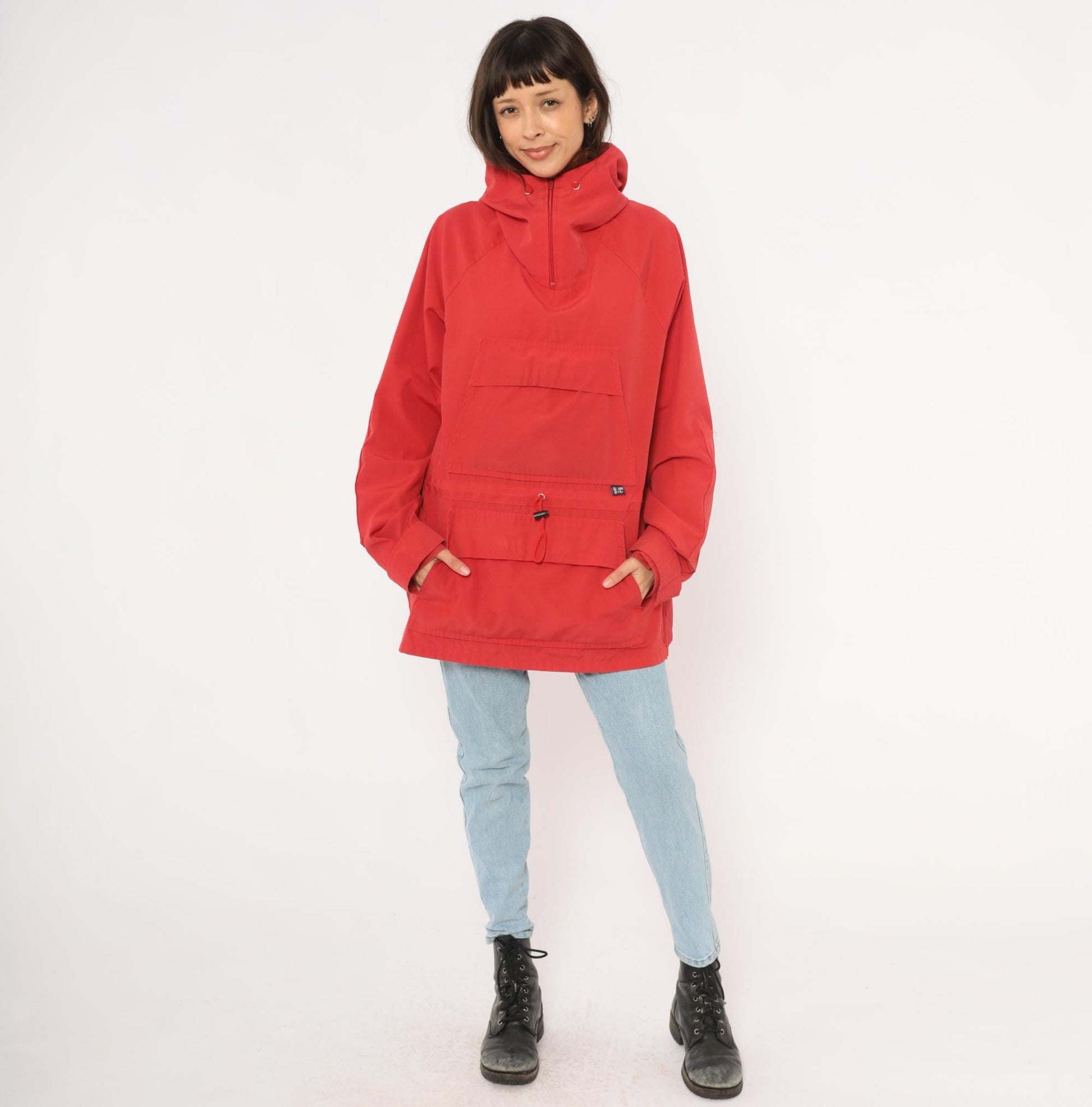 80s Red Anorak Pullover Half-Zip Windbreaker Kangaroo Pocket Jacket Extra Large