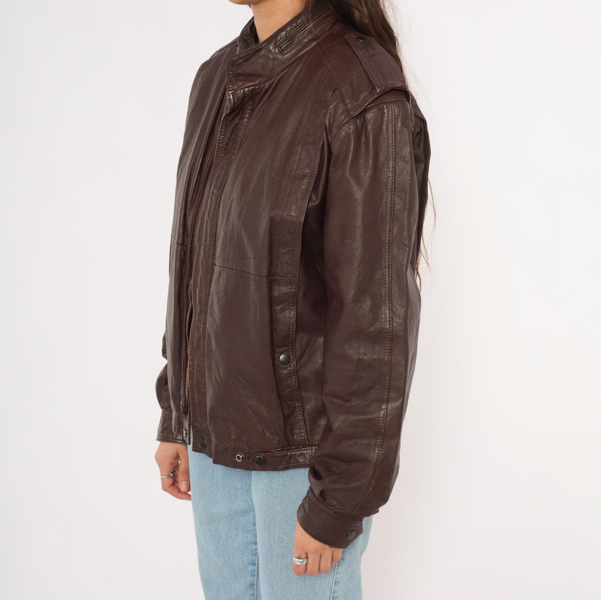 80s Leather Den Burgundy Bomber Jacket Zip Front Moto Coat Medium M