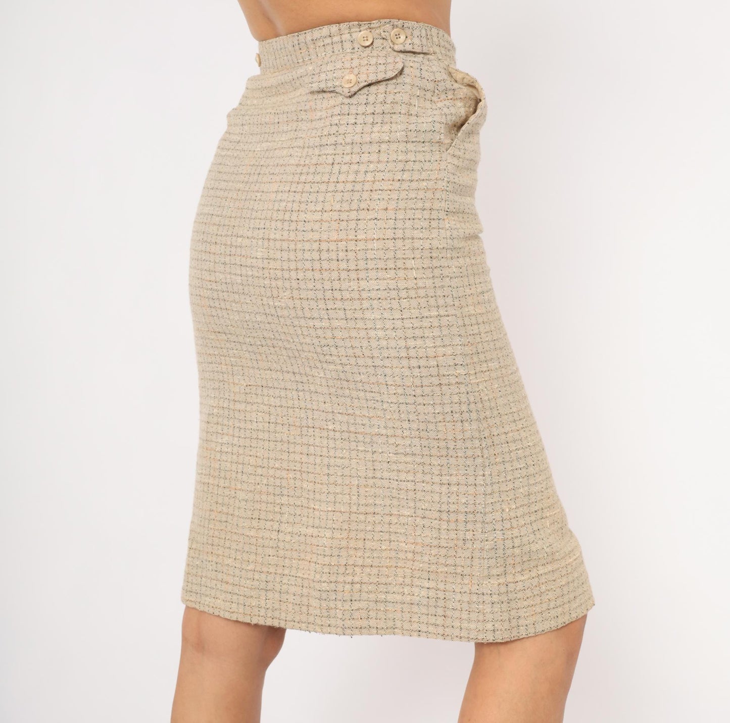 70s John Meyer Tweed Pencil Skirt Tan Houndstooth Check Knee Length Wool Small