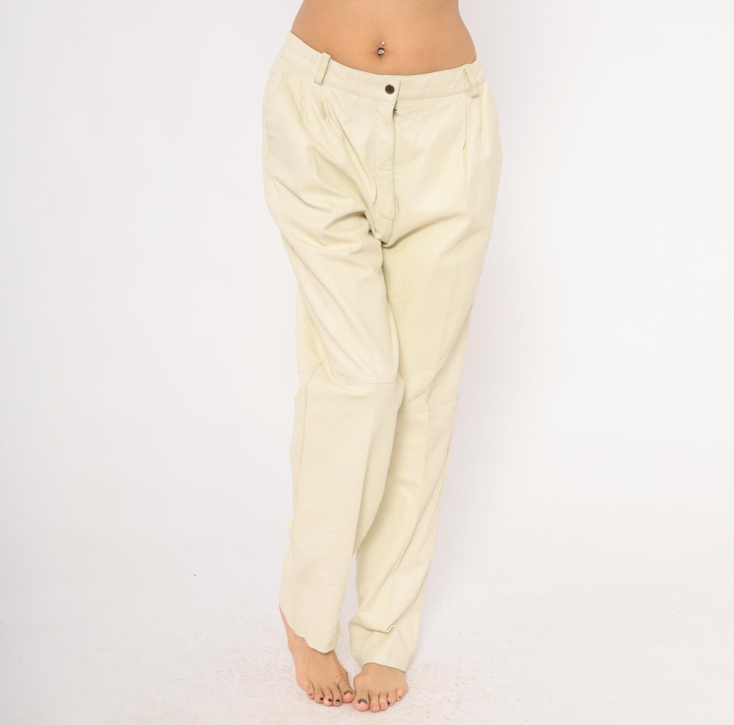 80s Masart Cream Leather Pants Pleated Front Straight Leg Mid-Rise Size 16
