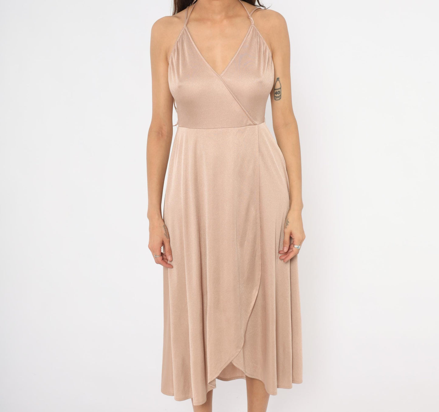 70s Nude Halter Midi Dress Wrap Front Surplice Neckline Tulip Hem Medium