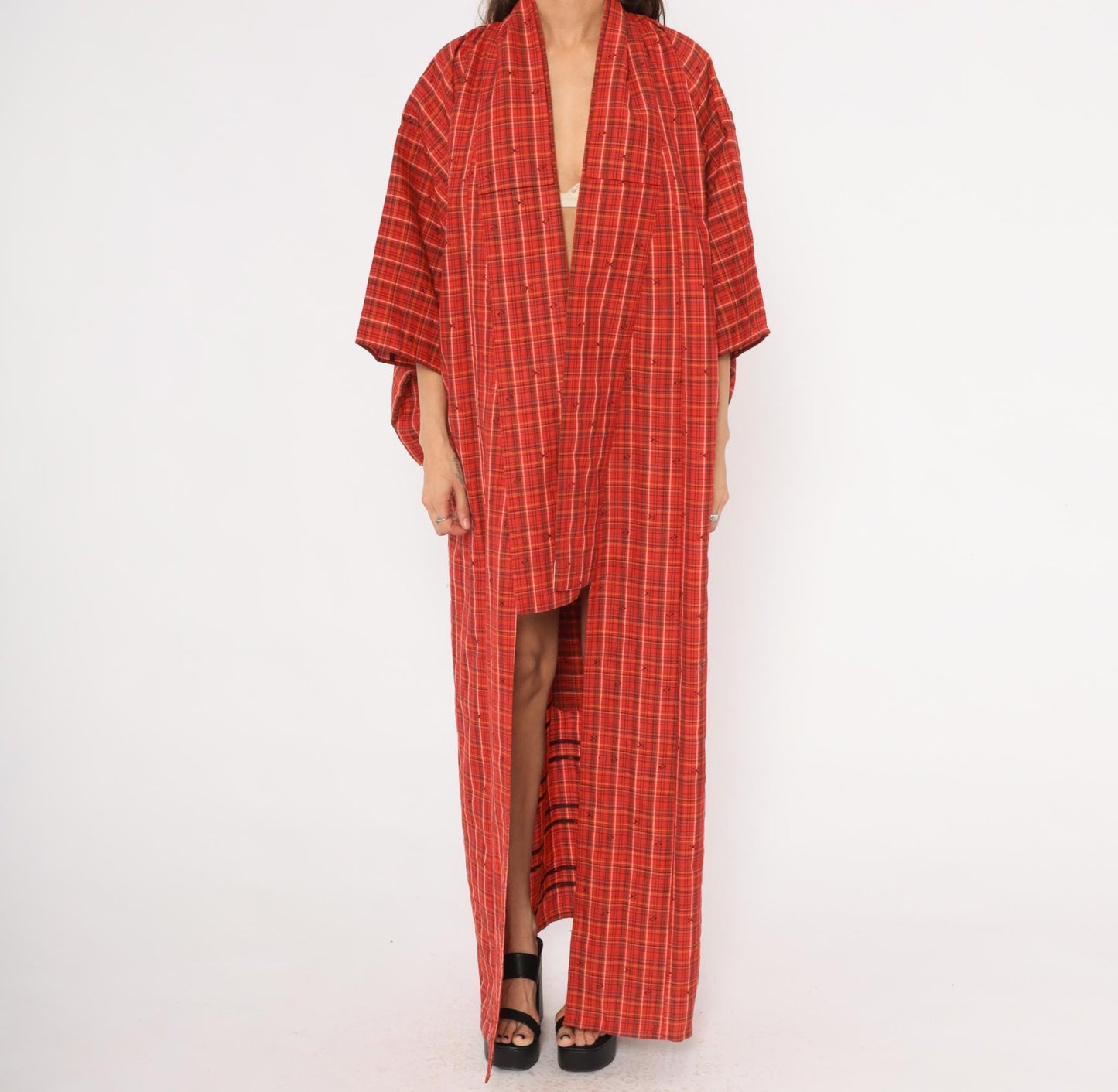 70s Red Plaid Wool Kimono Robe Floor Length Open Front Tartan Duster