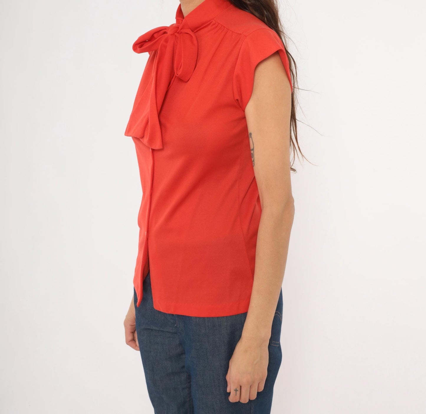 70s Red Bow Neck Blouse Cap Sleeve Button Front Polyester Small S