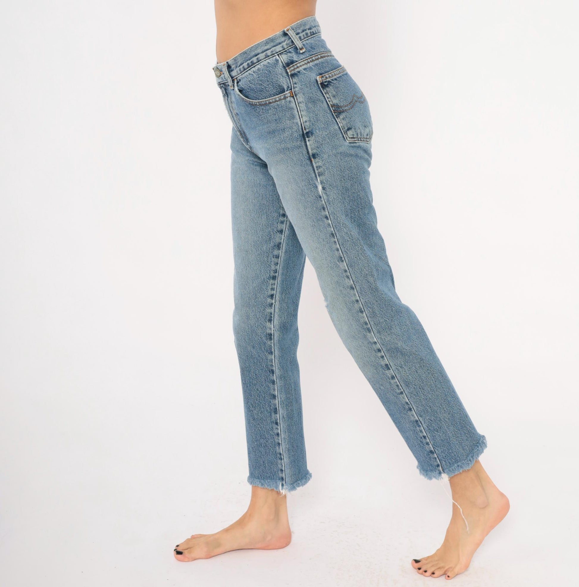 Y2K Bongo Cropped Jeans High Rise Straight Leg Raw Hem Blue Denim Small