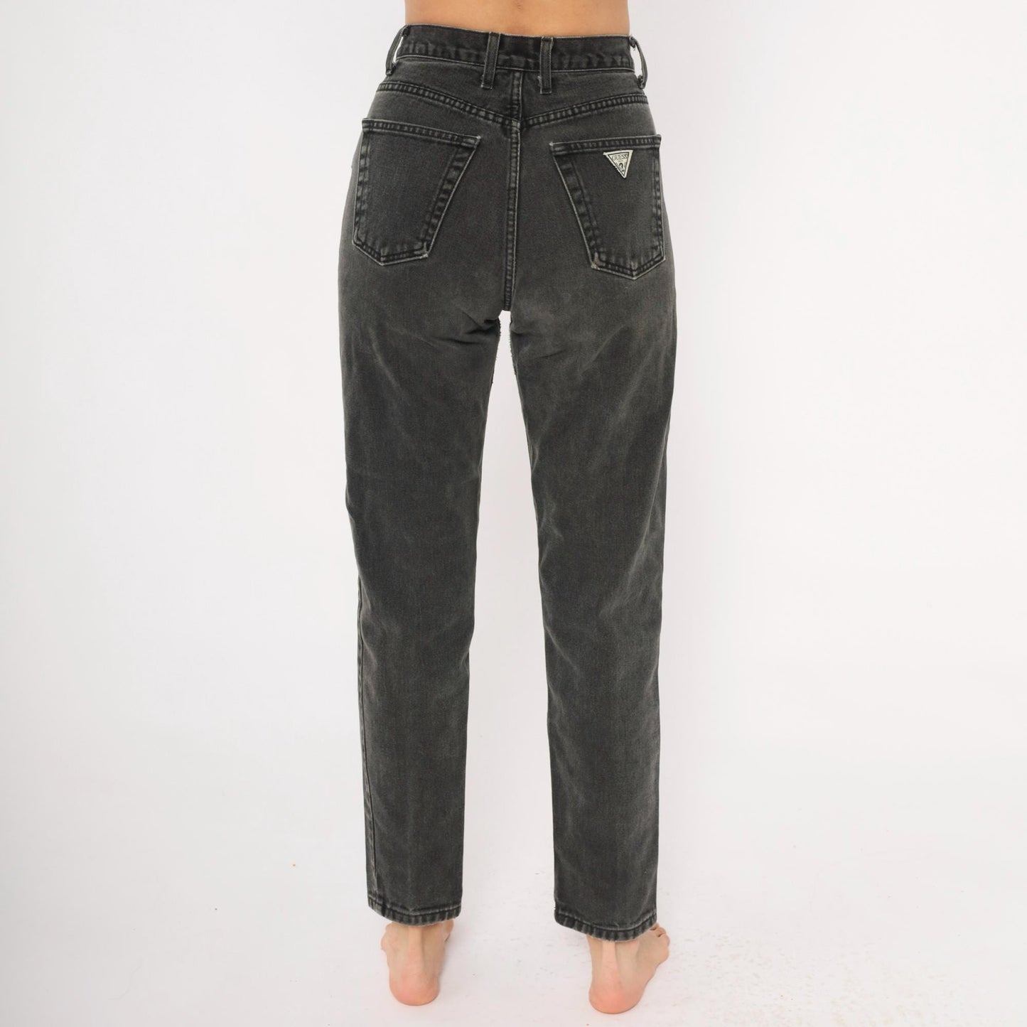 Guess High Waisted Jeans 90s Faded Black Denim Tapered Straight Leg Small