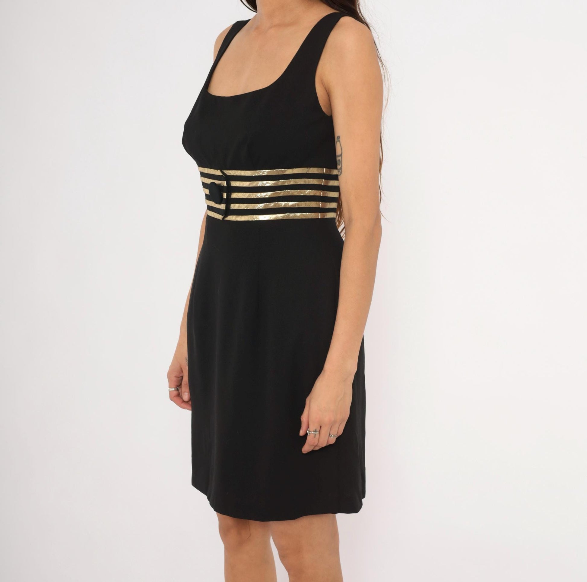 90s Datiani Black Mini Dress Gold Striped Waistband Sleeveless Medium M