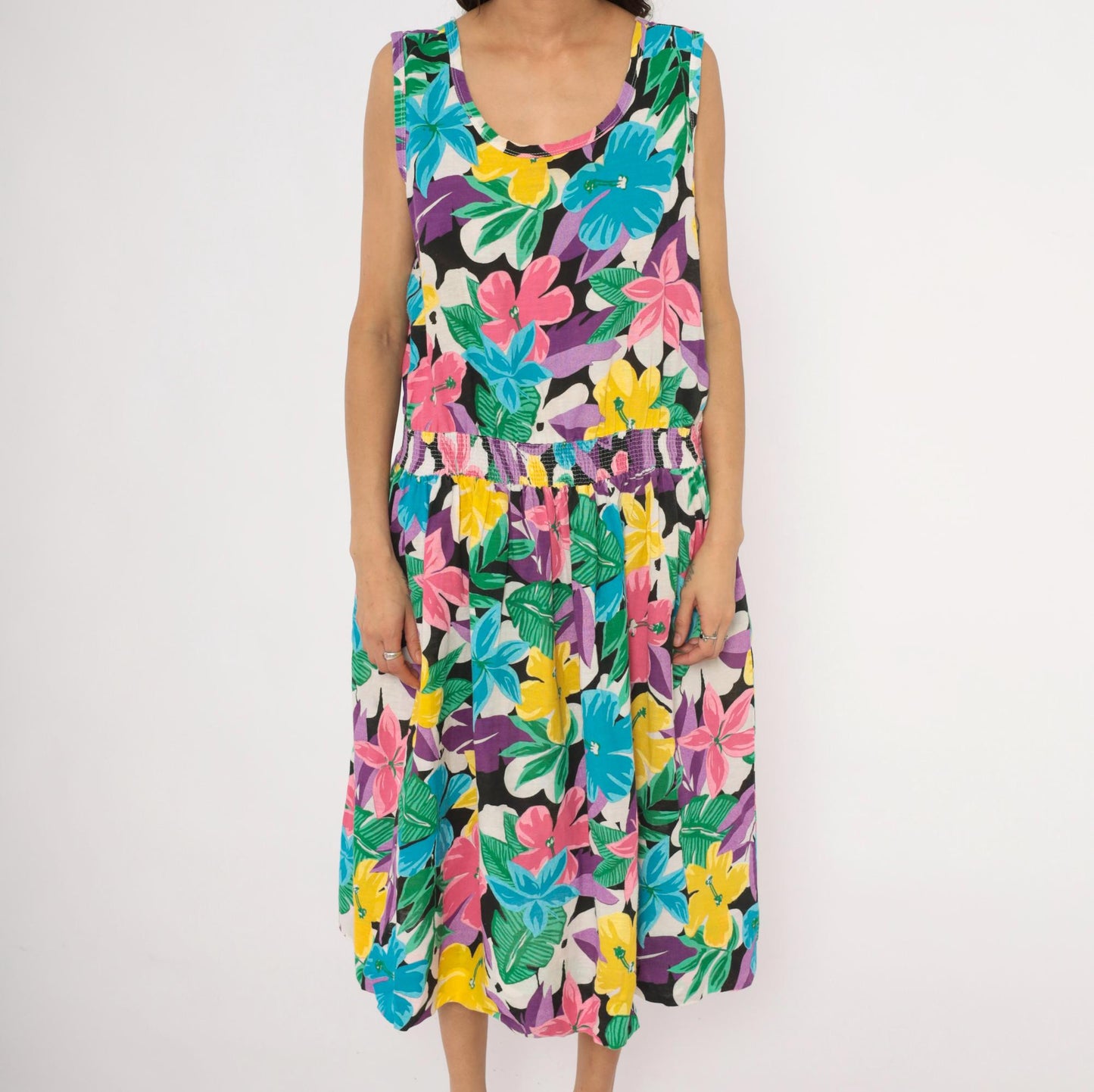 90s Tumbleweeds Tropical Hibiscus Midi Sundress Cotton Scoop Neck Large L