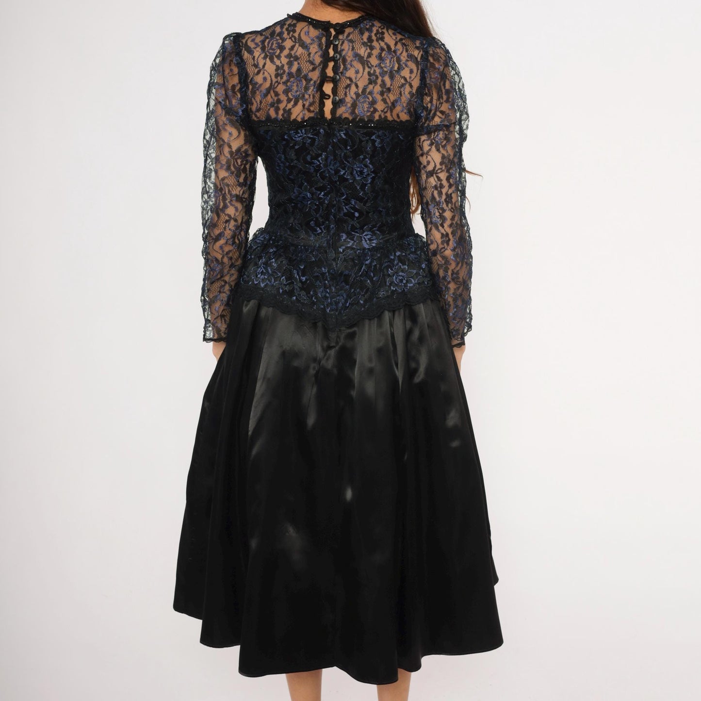 80s Gunne Sax Black Navy Floral Lace Peplum Sweetheart Gown Medium M