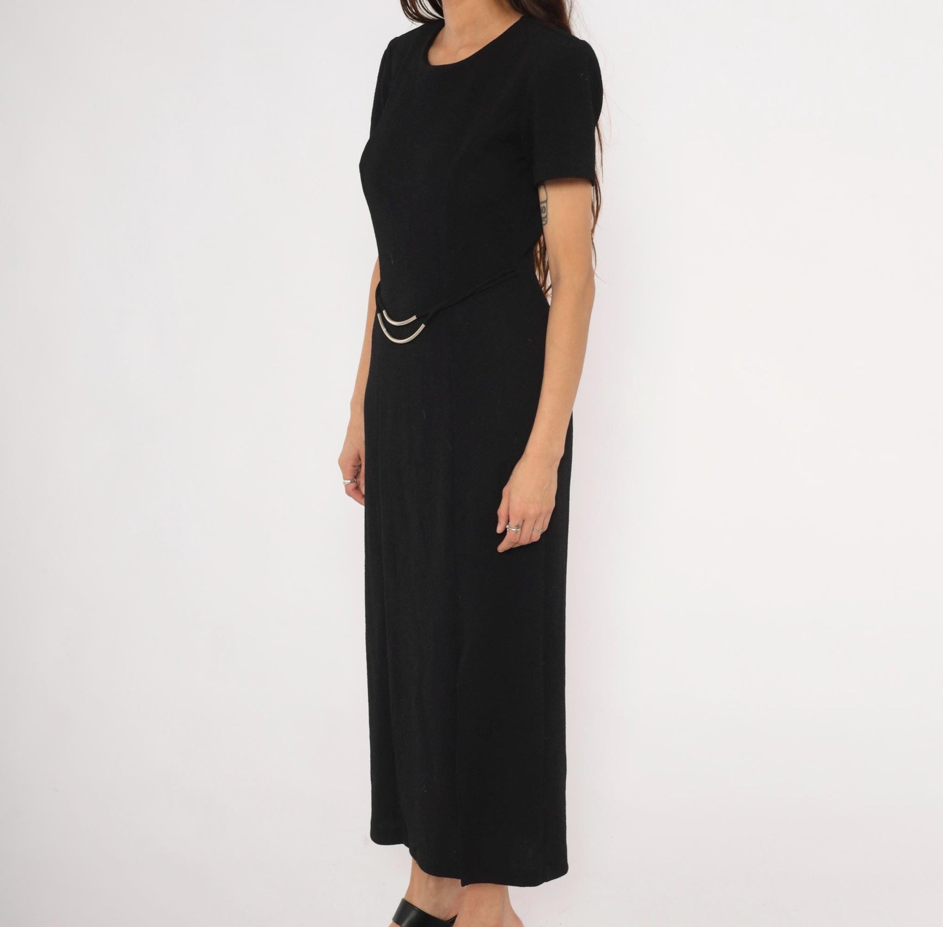 90s Scarlett Black Maxi Dress Silver Metal Waist Accents Short Sleeve Small