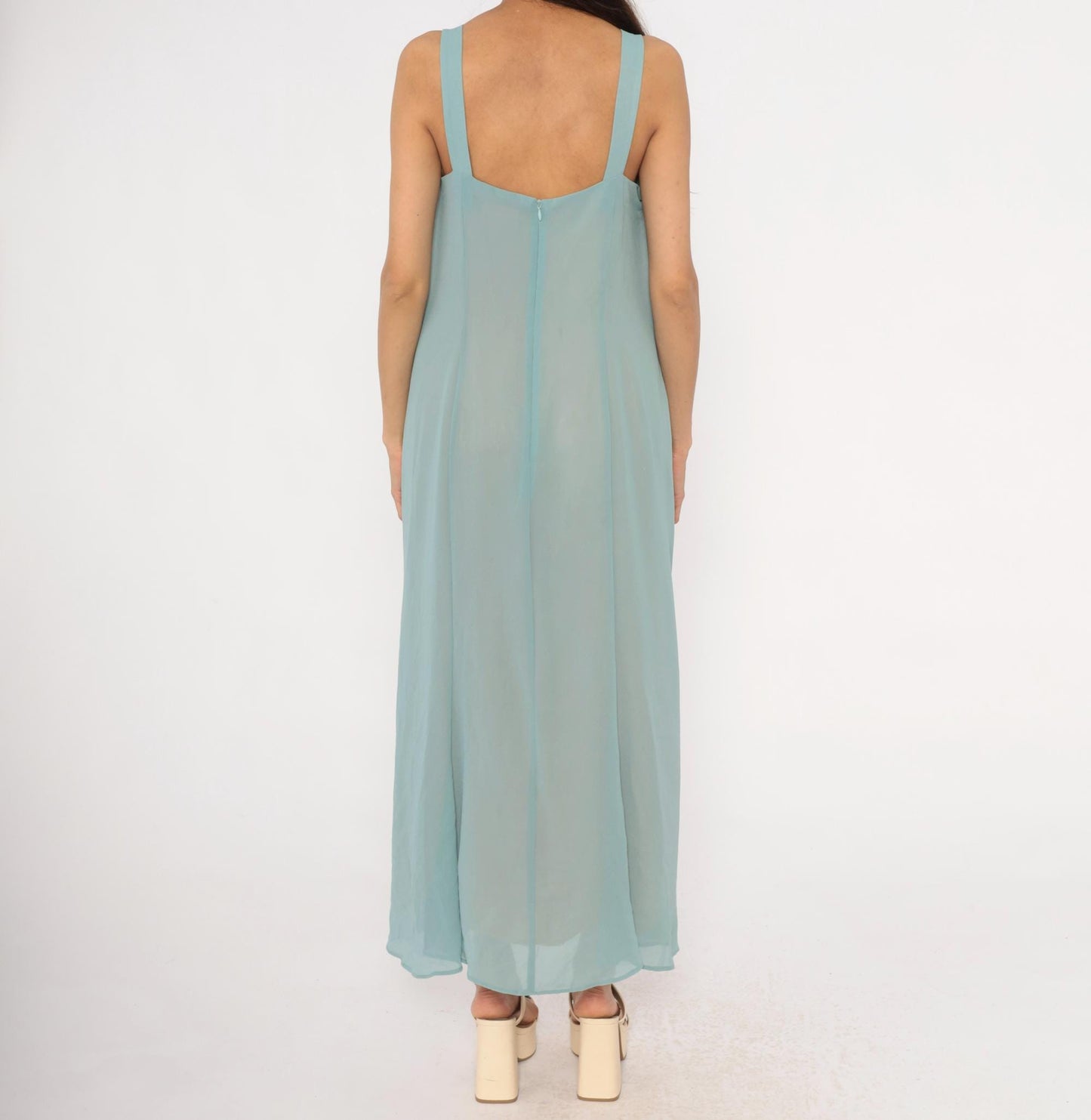 80s Ursula Ice Blue Maxi Dress Beaded Chiffon Empire Waist Small